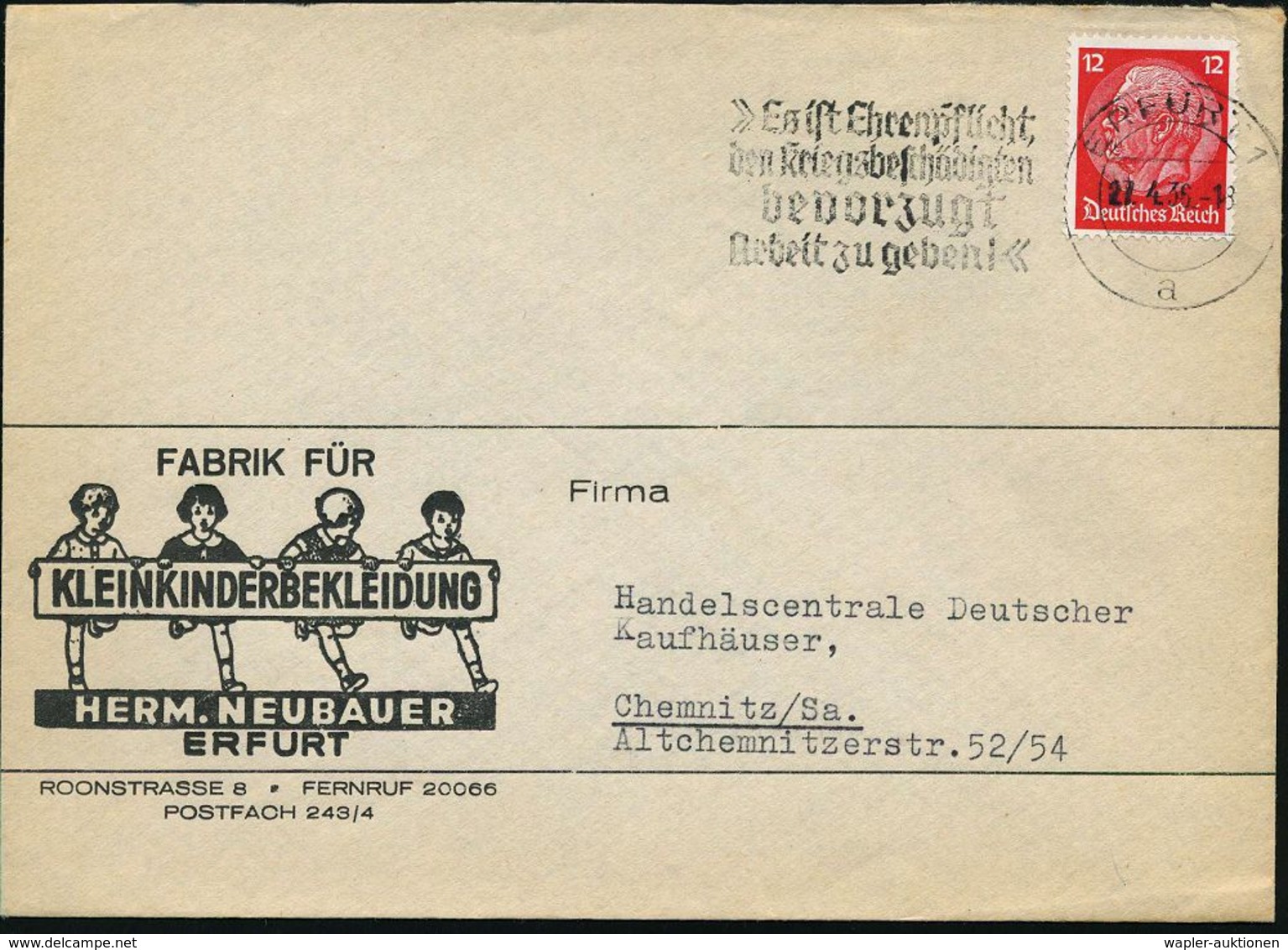 ERFURT 1/ A/ "Es Ist Ehrenpflicht,/ Den Kriegsbeschädigten/ Bevorzugt/ Arbeit Zu Geben!" 1936 (27.4) MWSt Auf Reklame-Bf - Other & Unclassified