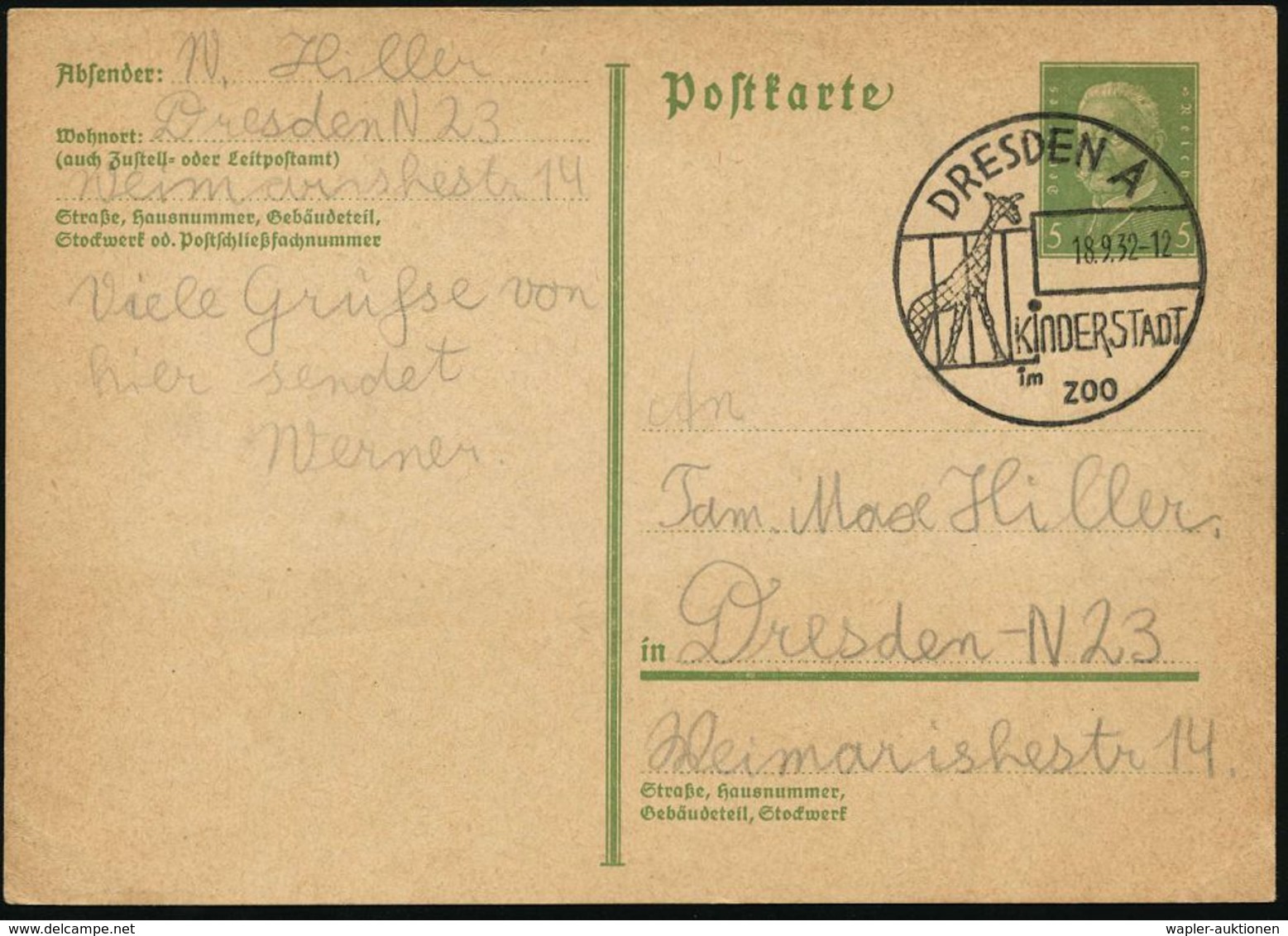 DRESDEN A/ KINDERSTADT/ Im/ ZOO 1932 (18.9.) Seltener SSt = Giraffe , Klar Gest. Bedarfskt. (Bo.60 Ty.II) - KIND / KLEIN - Sonstige & Ohne Zuordnung