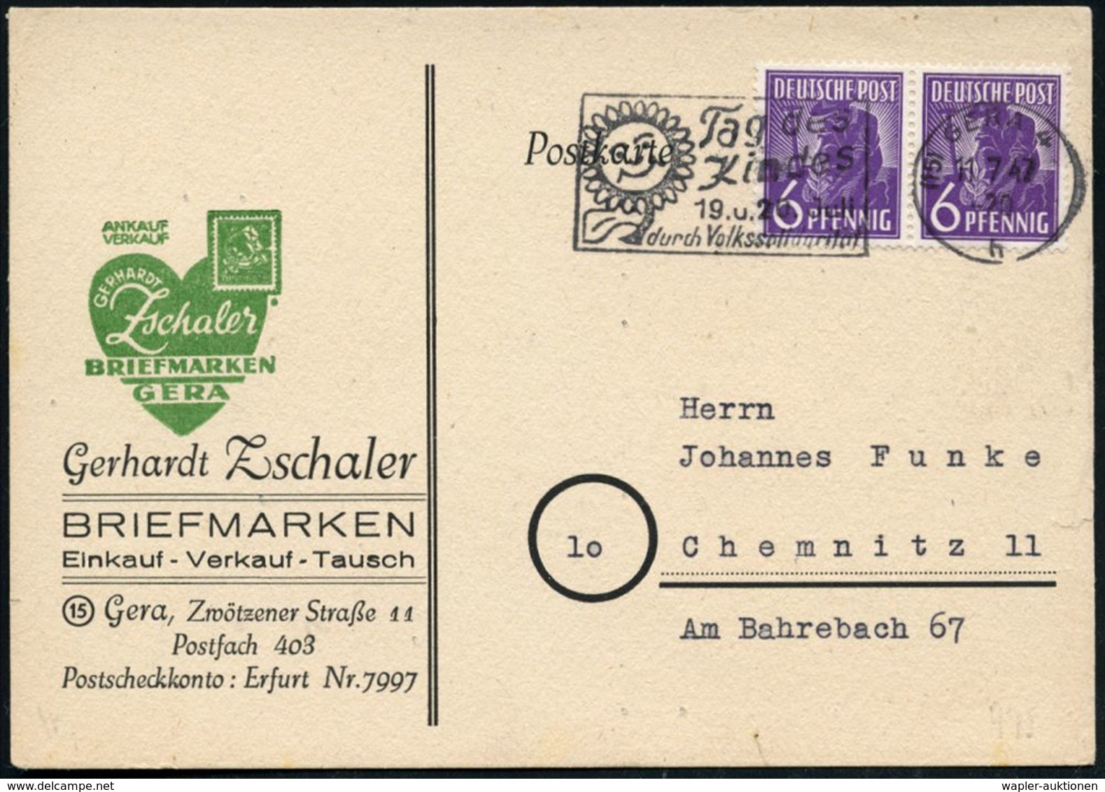 (15) GERA 4/ H/ Tag Des/ Kindes/ 19.u.20.Juli.. 1947 (Juli) Sehr Seltener MWSt = Sonnenblume, Werbefahne Links Klar Auf  - Sonstige & Ohne Zuordnung