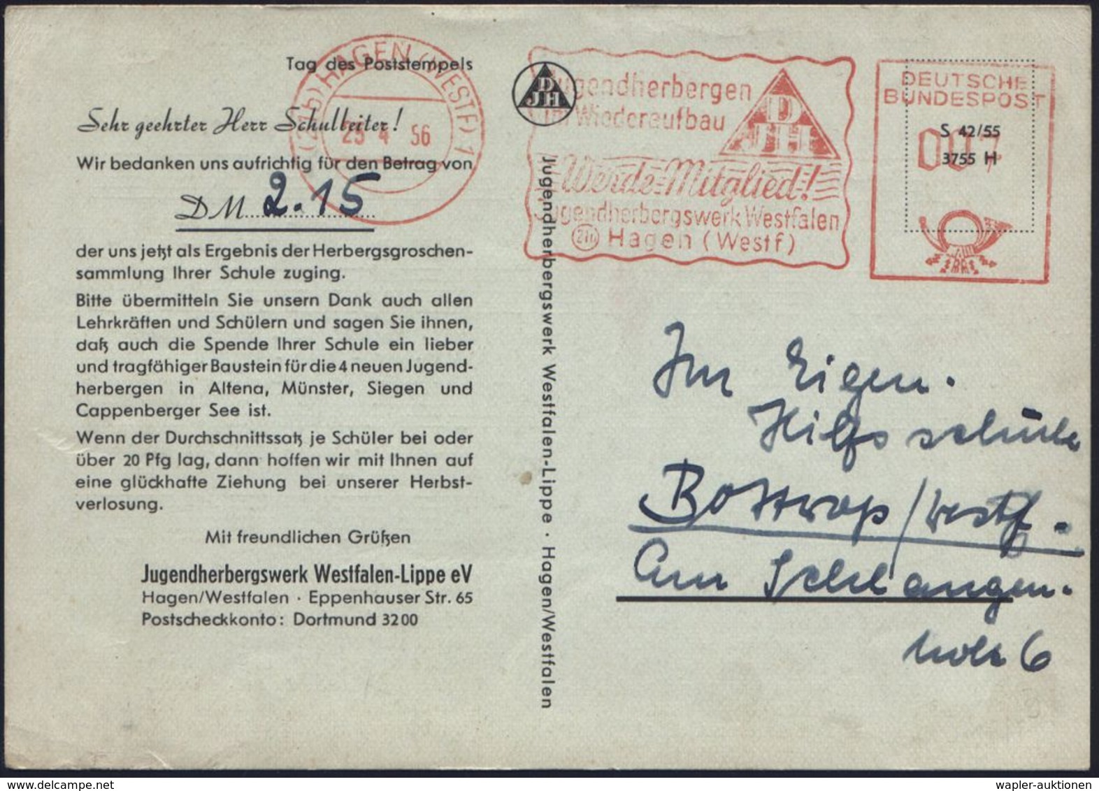 (21 B) HAGEN 3/ Jugendherbergen/ Im Wiederaufbau/ DJH/ Werde Mitglied!.. 1956 (25.4.) AFS (Monogr.-Logo "DJH") Auf Motiv - Autres & Non Classés