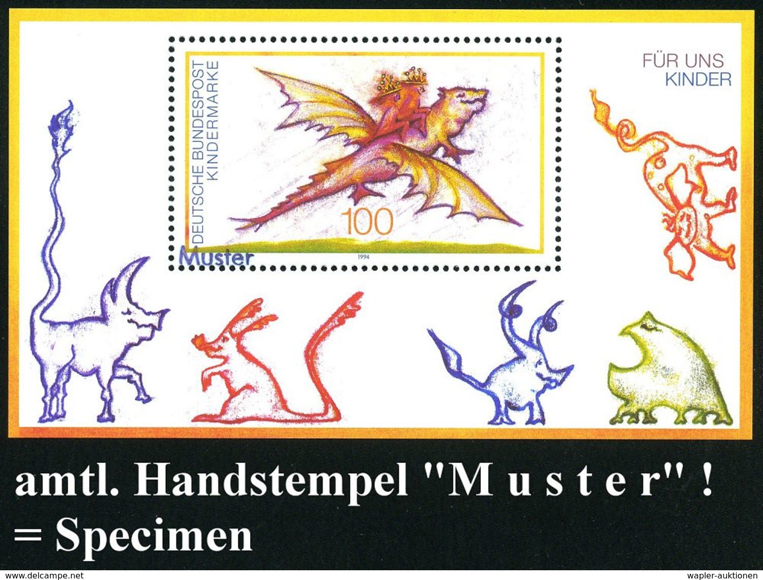 B.R.D. 1994 (Sept.) 100 Pf. Block "Für Uns Kinder" Mit Amtl. Handstempel  "M U S T E R" (Fabelwesen) Postfr. + Amtl. Ank - Sonstige & Ohne Zuordnung