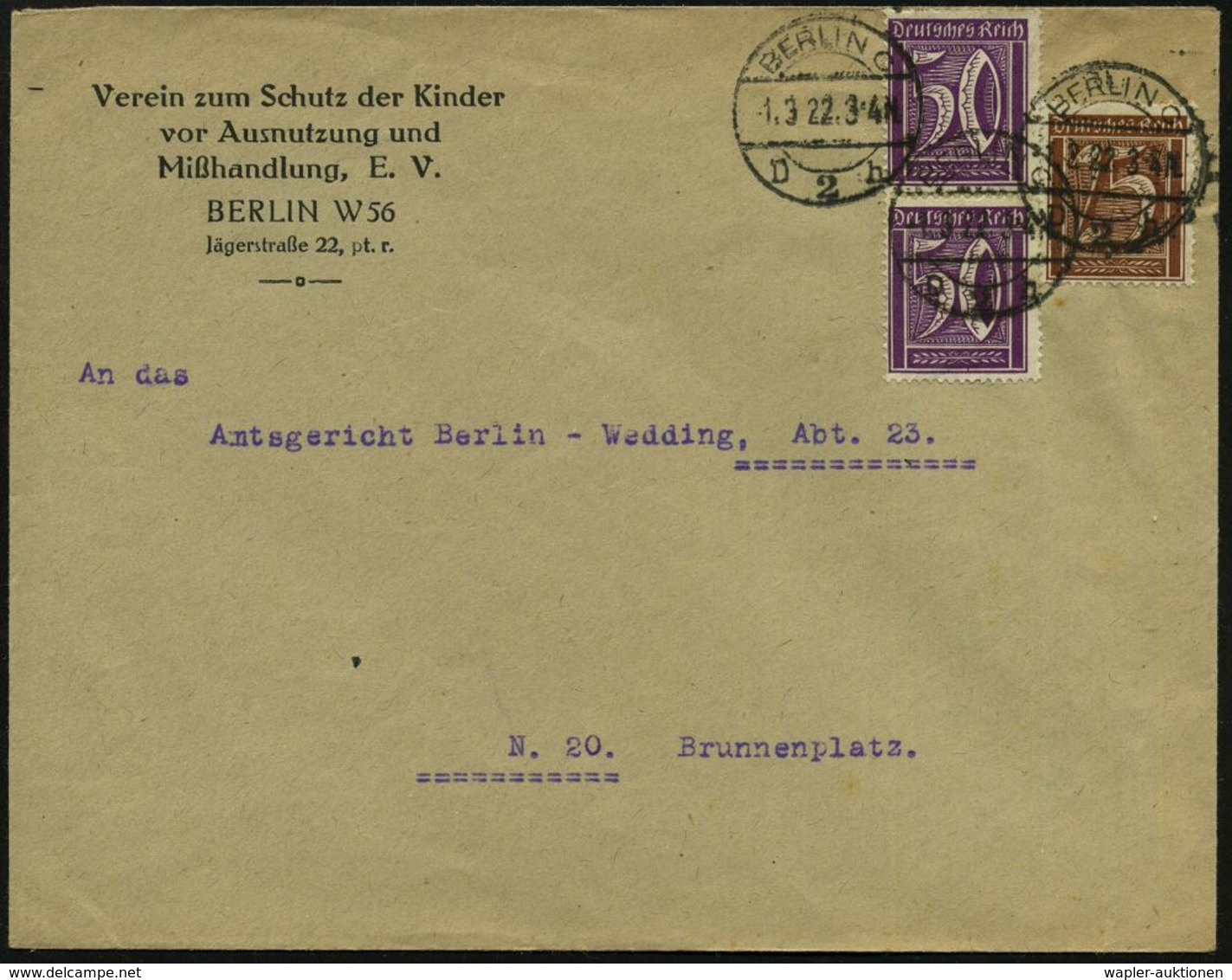 Berlin W 56 1922 (1.3.) Vordruck-Bf.: Verein Zum Schutz Der Kinder Vor Ausnutzung Und Mißhandlung E.V. , Infla-Frankatur - Altri & Non Classificati