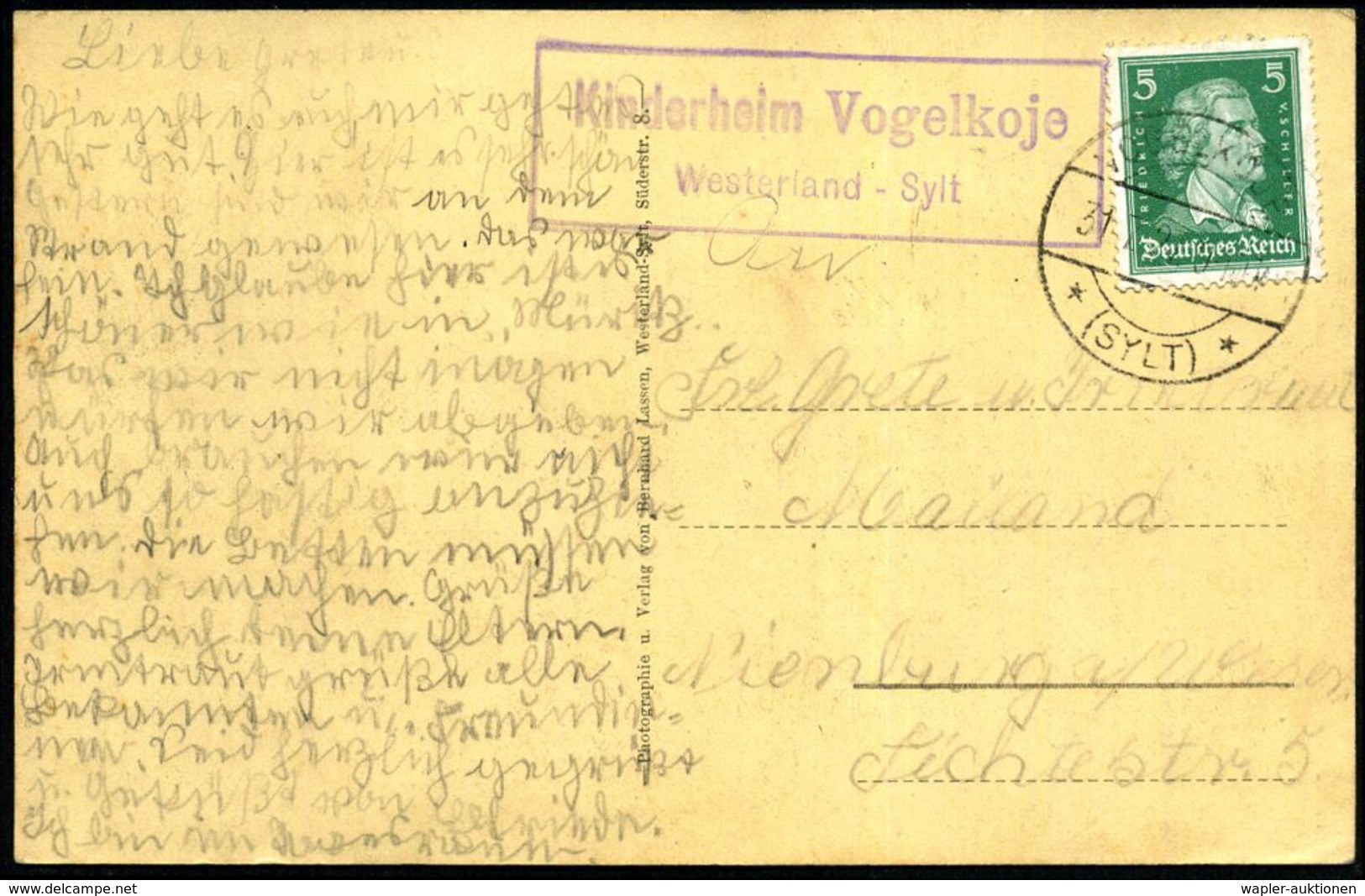 V O G E L K O J E   K I N D E R H E I M /  Westerland-Sylt 1927 (31.7.) Viol. Ra.2 = PSt.II = Hauspostamt Kinderheim + 1 - Sonstige & Ohne Zuordnung