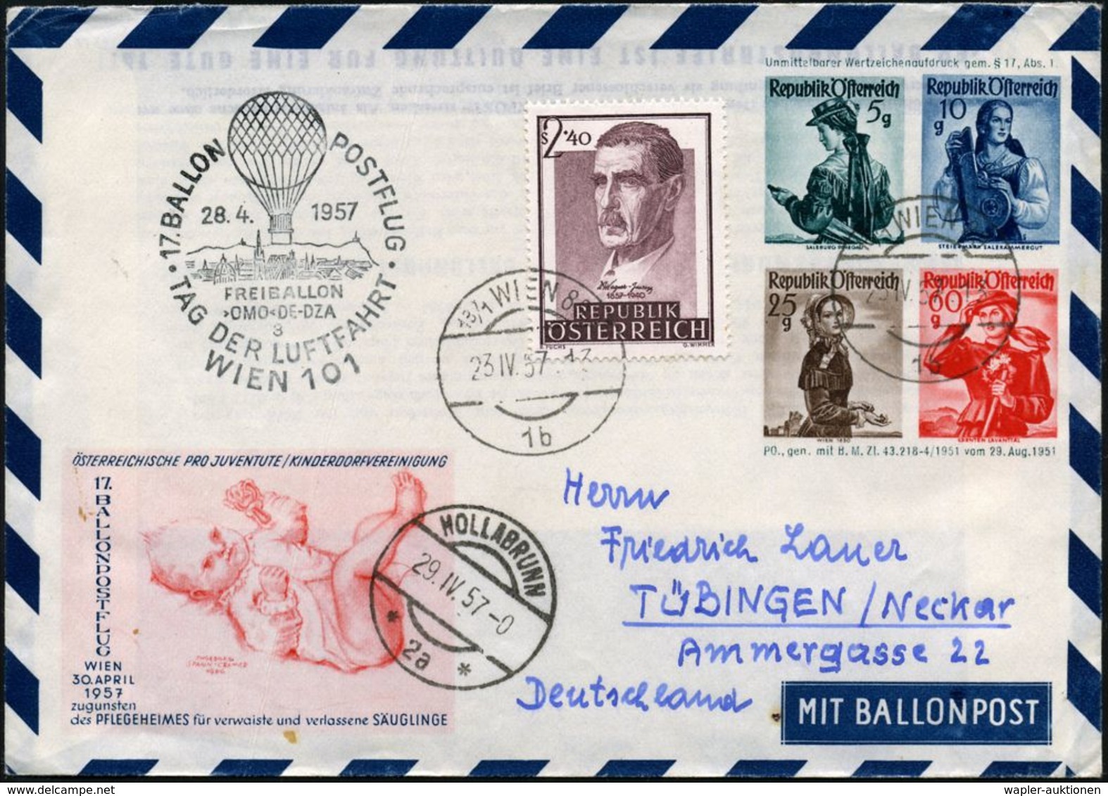 ÖSTERREICH 1957 (23.4.) PU 5 G.+ 10 G. + 25 G.+ 60 G. Trachten: 17. BALLONFLUG KINDERDORF Für Verwaiste U.verlassene Säu - Altri & Non Classificati