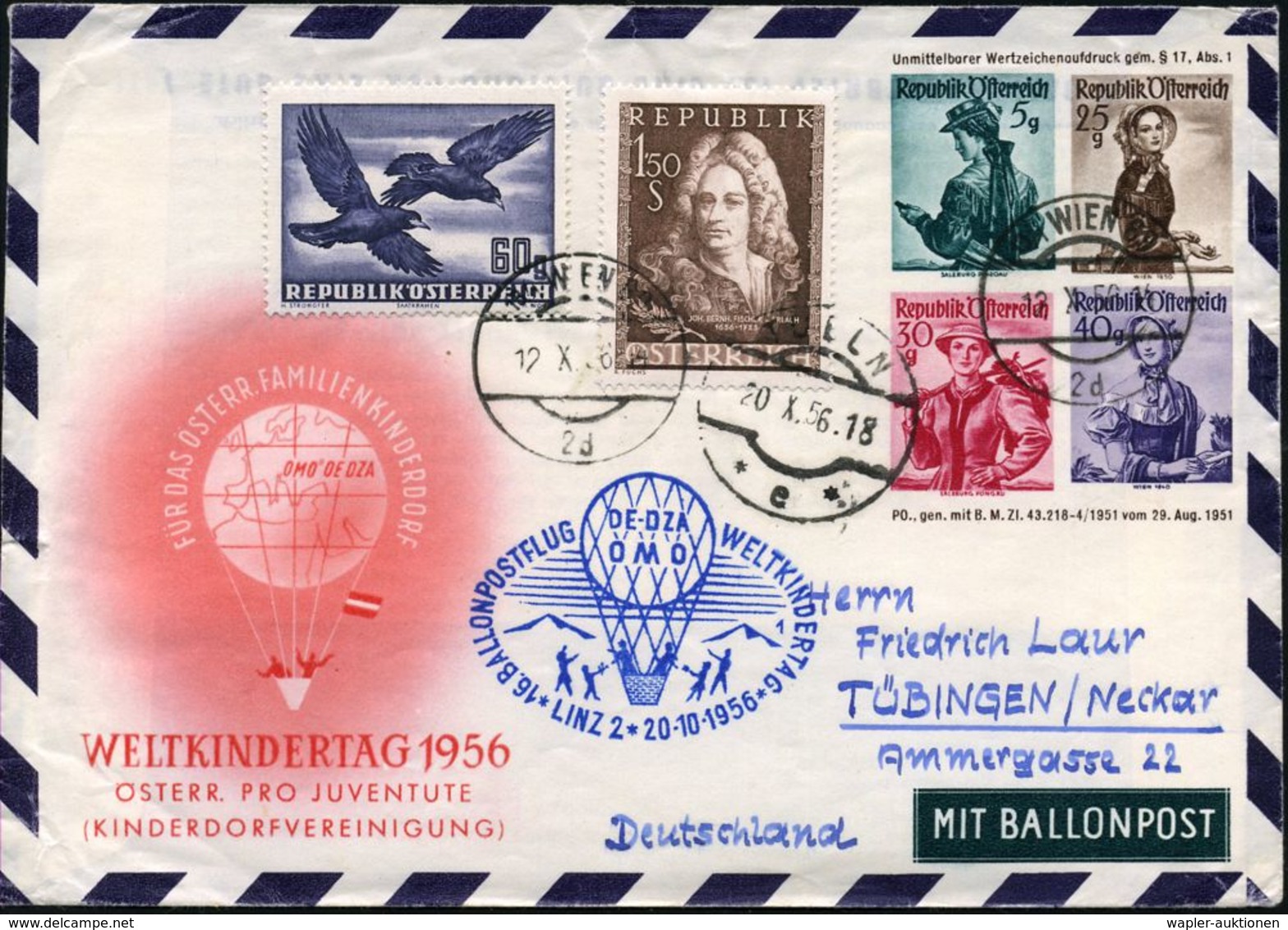 ÖSTERREICH 1956 (12.10.) PU 5 G.+ 25 G.+ 30 G.+ 40 G. Trachten: WELTKINDERTAG 1956/ ..KINDERDORFVEREINIGUNG (Ballon) + Z - Altri & Non Classificati