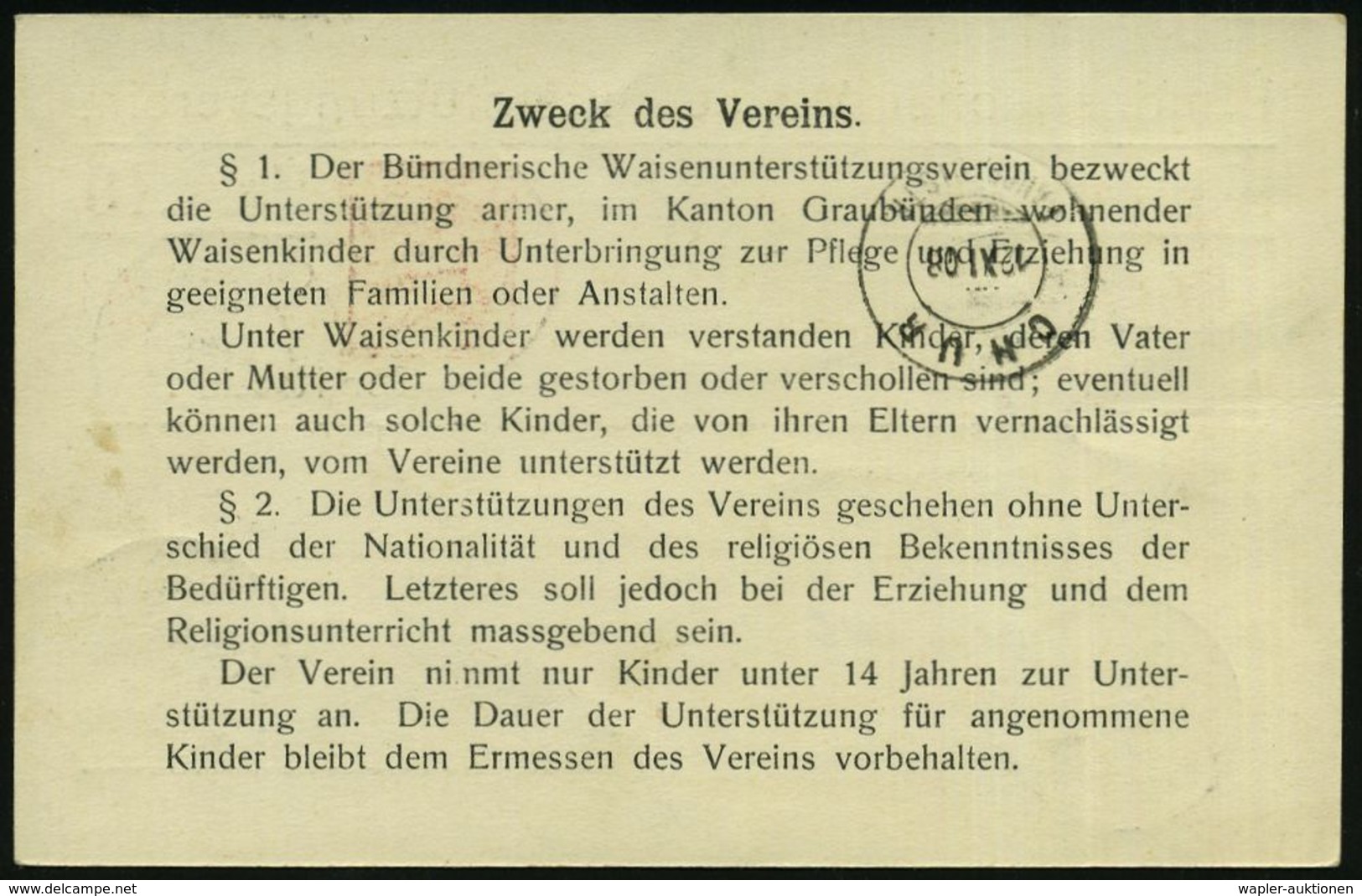 SCHWEIZ 1908 (6.11.) PP 10 C. Helvetia, Rot: Bündnerische Waisenunterstützungsverein , 2K: CHUR/FAHRP. AUFG. + Grüner Au - Altri & Non Classificati