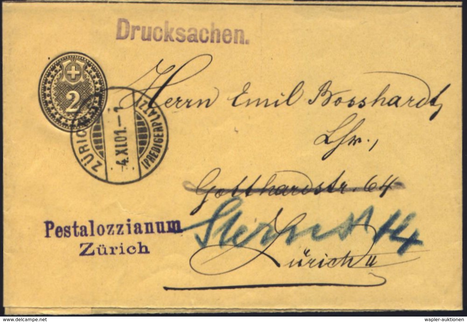 SCHWEIZ 1901 (4.11.) 1K-Gitter: ZÜRICH 5/(PREDIGERPLATZ) + Viol. 2L:  P E S T A L O Z Z I A N U M / Zürich Klar Gest. In - Sonstige & Ohne Zuordnung