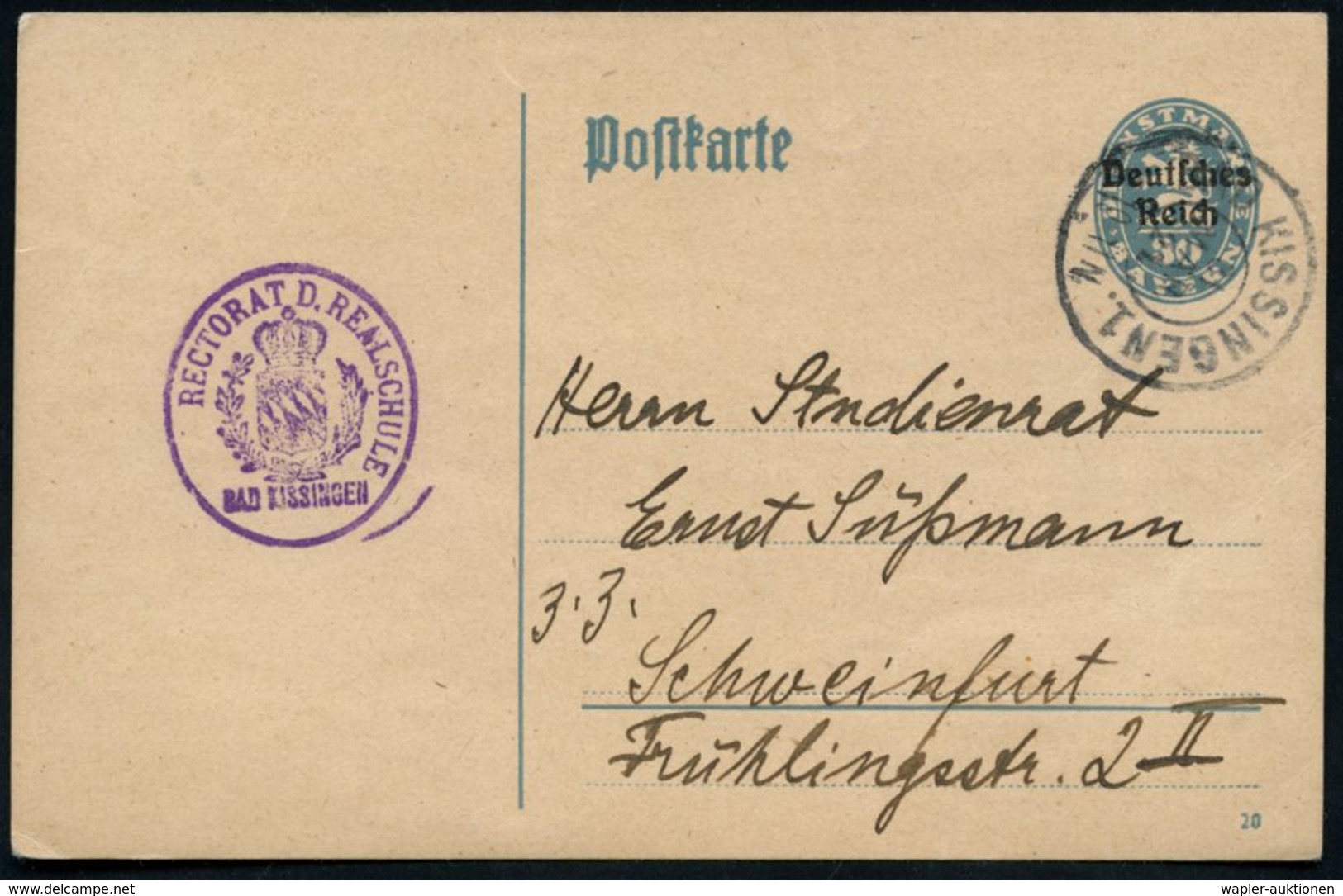 BAD KISSINGEN 1 1921 (31.3.) 2K Auf Dienst-P. 30 Pf. "Bayern Abschied" + Viol., Aptierter Dienst-Oval-HdN: RECTORAT D. R - Sonstige & Ohne Zuordnung