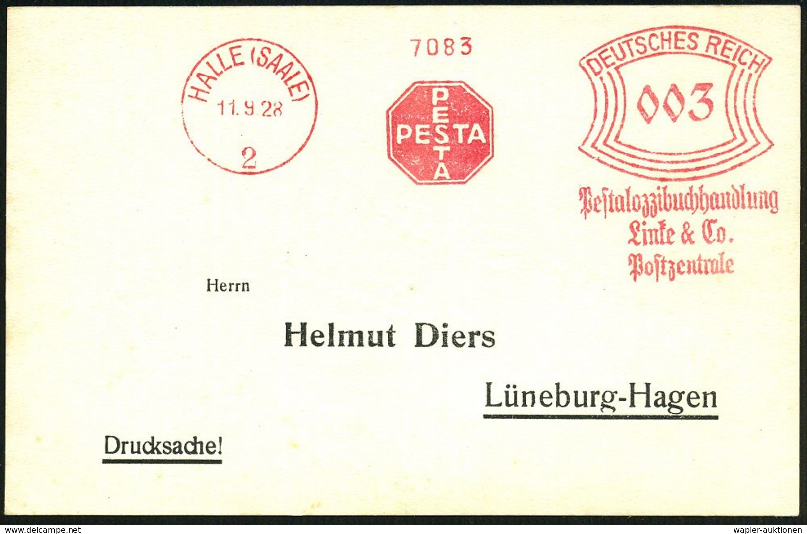 HALLE (SAALE)/ 2/ PESTA/ Pestalozzibuchhandlung/ Linke & Co/ Postzentrale 1928 (11.9.) Seltener AFS (Logo) Inl.-Kt. (Dü. - Autres & Non Classés