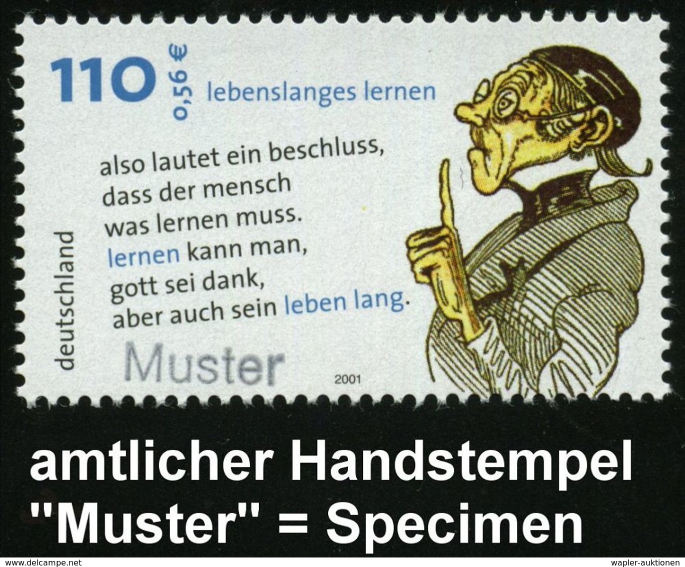 B.R.D. 2001 (Aug.) 110 Pf. "Lebenslanges Lernen" = Lehrer Lämpel Von Wilhelm Busch Mit Amtl. Handstempel  "M U S T E R"  - Altri & Non Classificati