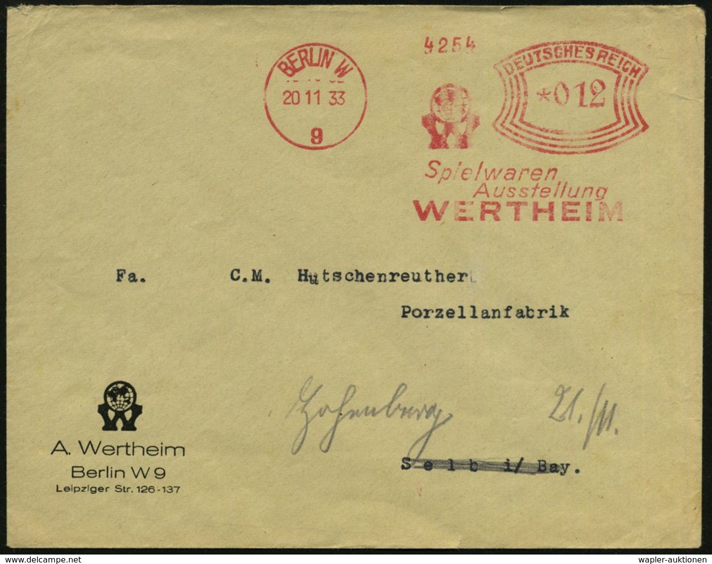 BERLIN W/ 9/ Spielwaren/ Ausstellung/ WERTHEIM 1933 (20.11.) Seltener AFS (Globus-Logo) Klar Motivgl. Firmen-Bf.: A. Wer - Zonder Classificatie