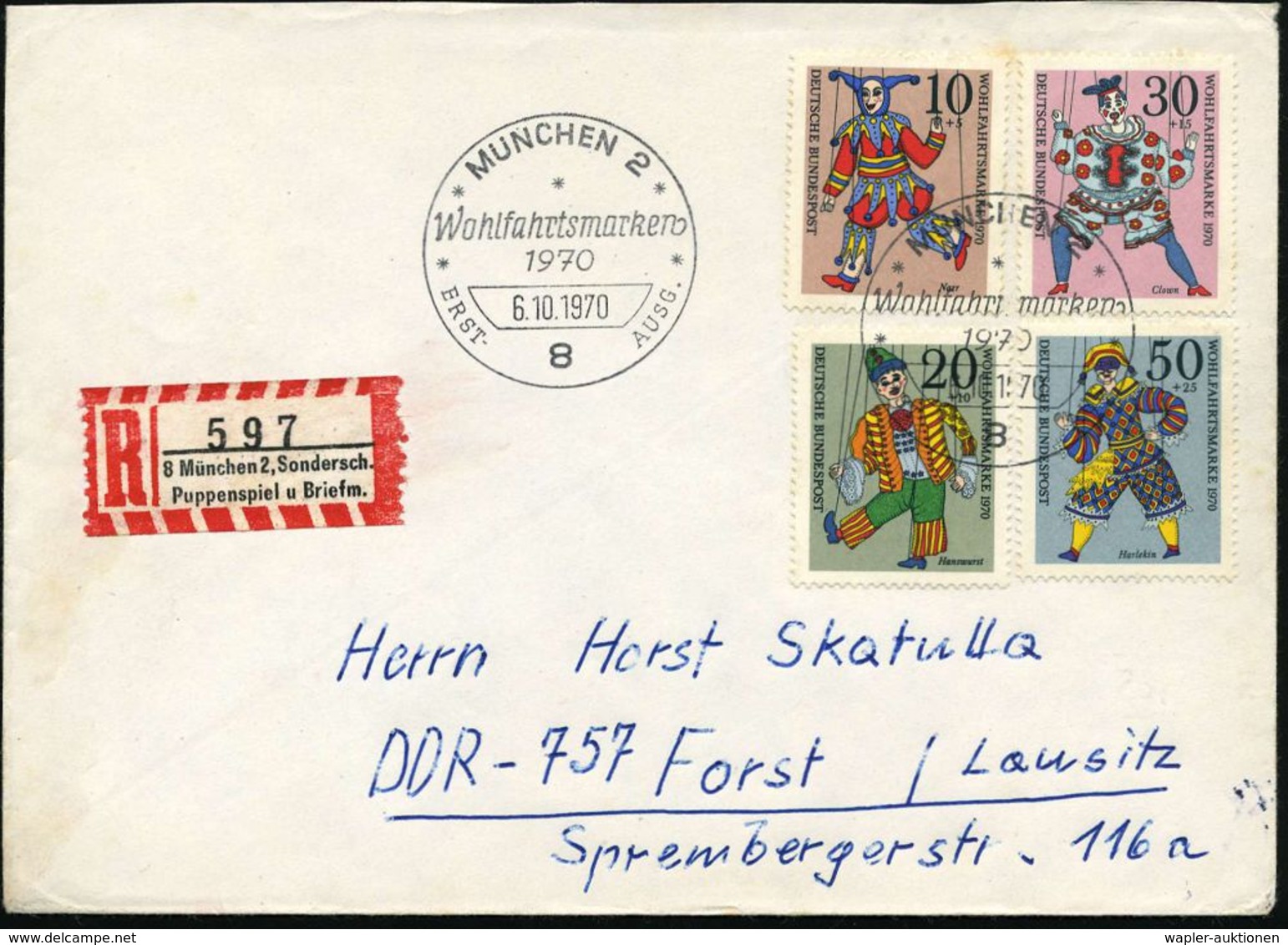 8 MÜNCHEN 2/ WOHLFAHRTSMARKEN.. 1970 (6.10.) SSt Auf Kompl. Satz Marionetten (Mi.650/53) + Sonder-RZ: 8 München 2, Sonde - Non Classés