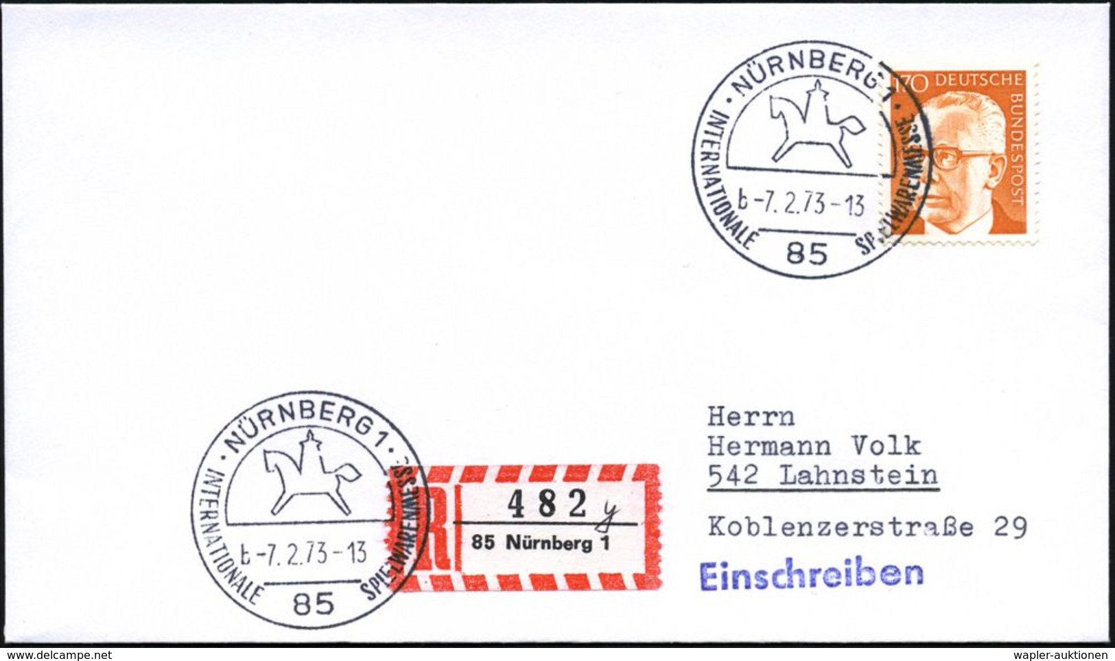 85 NÜRNBERG 1/ B/ INTERNAT.SPIELWARENMESSE 1973 (7.2.) SSt (Logo: Stilis. Schaukelpferd) + RZ: 85 Nürnberg 1/y ("y" Hs.  - Ohne Zuordnung