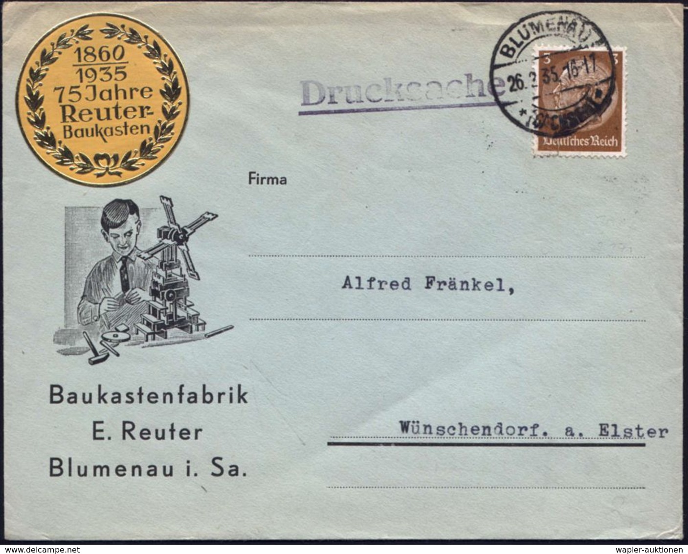 BLUMENAU/ *(SACHSEN)* 1935 (26.2.) 1K-Brücke Auf Reklame-Bf: Baukastenfabrik E. Reuter + Gold-Vignette: 75 Jahre Reuter  - Unclassified