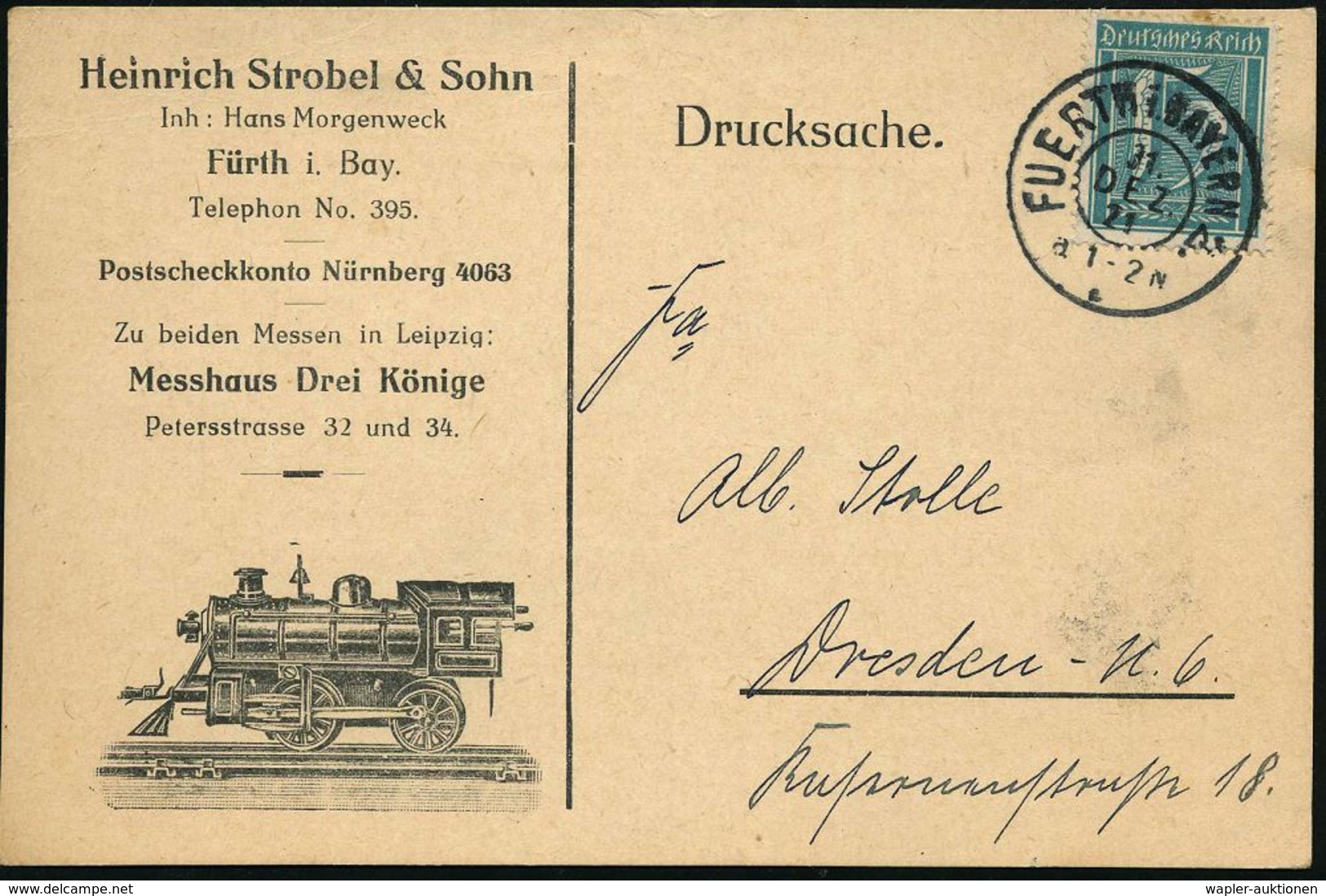 FÜRTH (BAY) 2 1921 (31.12.) 1K Auf Reklame-Kt.: Heinr. Strobel & Sohn/Inh. Hans Morgenweck Für Leipziger Messe = Blech-M - Ohne Zuordnung