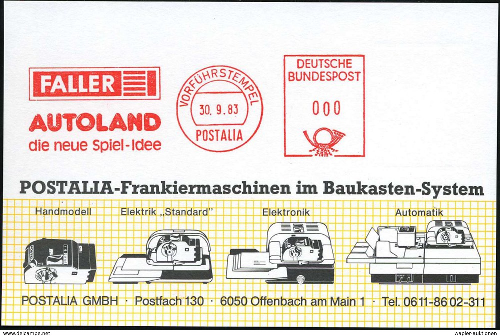 Gütenbach 1983 (30.9.) AFS: VORFÜHRSTEMPEL/POSTALIA/FALLER/AUTOLAND/d. Neue Spiel-Idee (Logo) Seltene Postalia-Musterkt. - Non Classificati