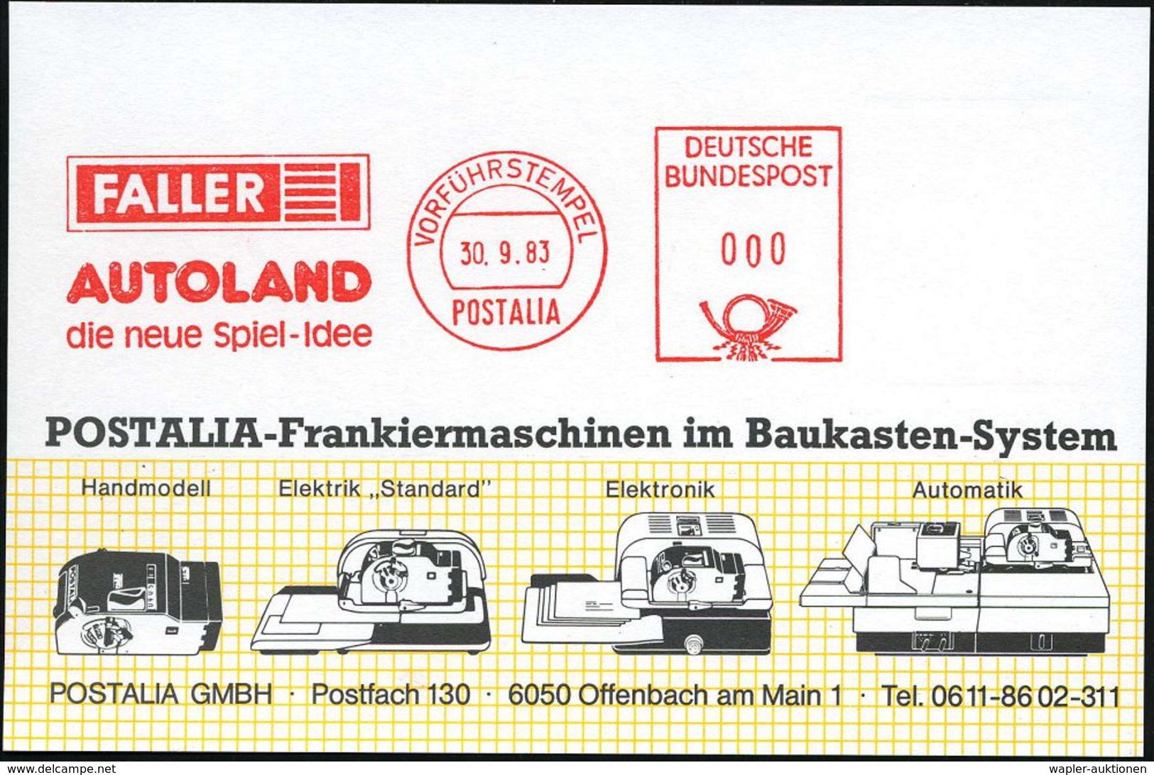 Gütenbach 1983 (30.9.) AFS: VORFÜHRSTEMPEL/POSTALIA/FALLER/AUTOLAND/d. Neue Spiel-Idee (Logo) Seltene Postalia-Musterkt. - Zonder Classificatie