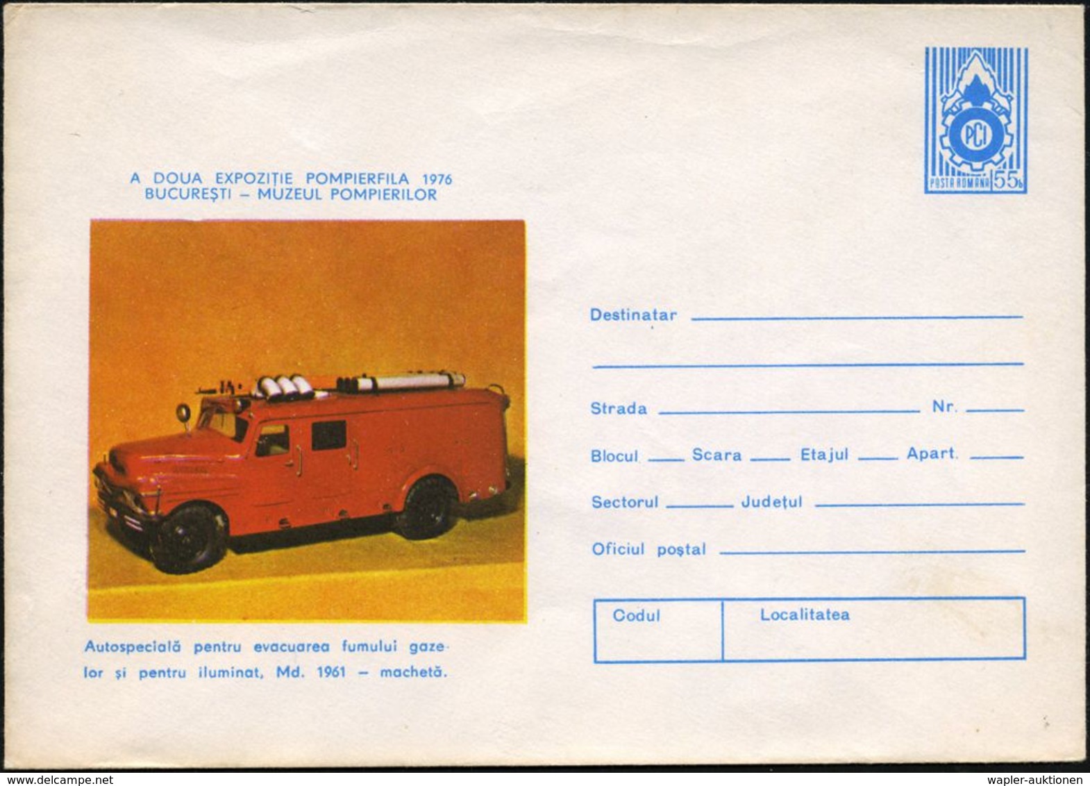 RUMÄNIEN 1976 55 B. Sonder-U "PCI" Feuerwehr, Blau: Feuerwehr-Museum Bukarest = Modell-Feuerwehrauto: Geräte-LKW, Ungebr - Unclassified