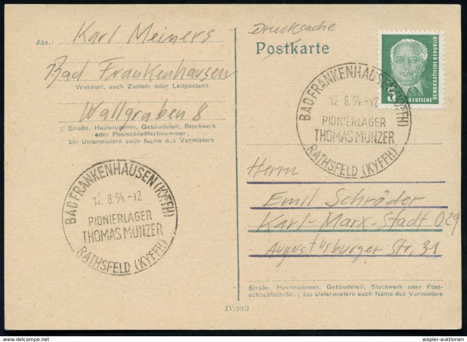 BAD FRANKENHAUSEN (KYFF)/ PIONIERLAGER/ THOMAS MÜNTZER.. 1954 (12.8.) Seltener SSt = FDJ-Lager! , Klar Gest. Inl.-Karte  - Altri & Non Classificati