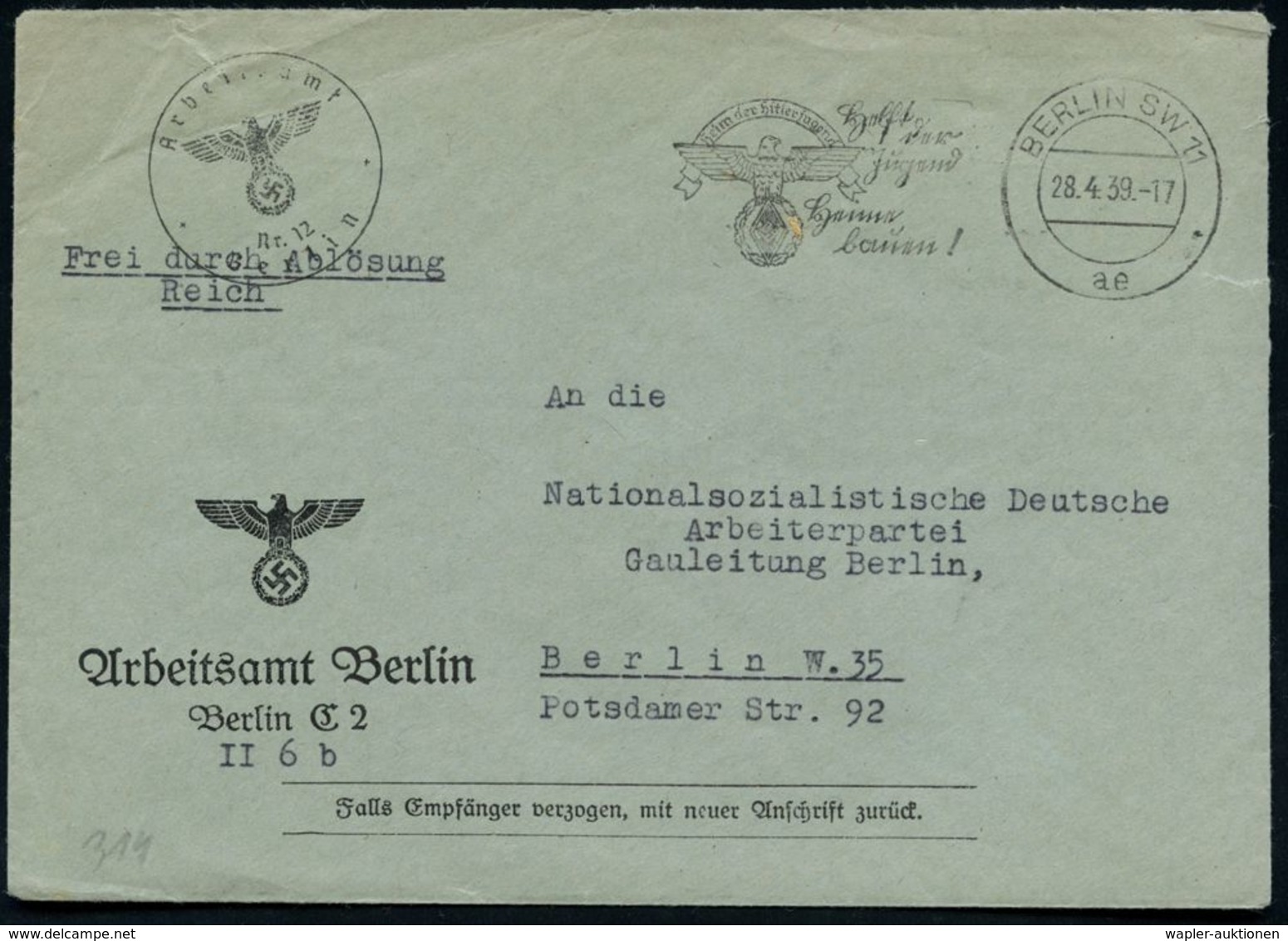 BERLIN NW 7/ Ae/ Helft/ Der/ Jugend/ Heime/ Bauen!.. 1939 (28.4.) Seltener MWSt, Teils Sütterlin = HJ-Abzeichen , Klar G - Sonstige & Ohne Zuordnung