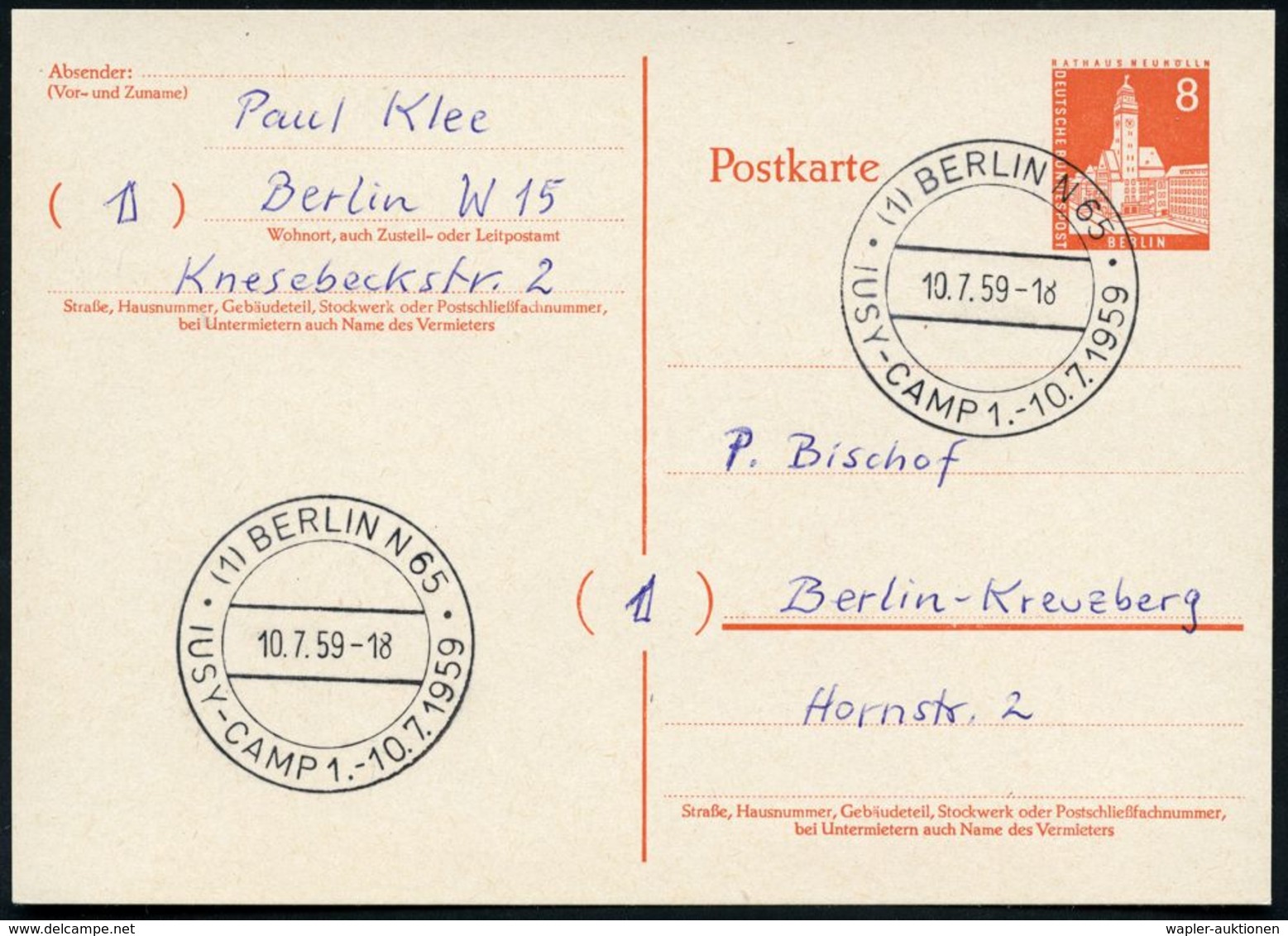 (1) BERLIN N 65/ IUSY-CAMP 1.-10.7. 1959 (5.7.) SSt = International Union Of Socialist Youth, Klar Gest. Orts-Karte  (Bo - Andere & Zonder Classificatie