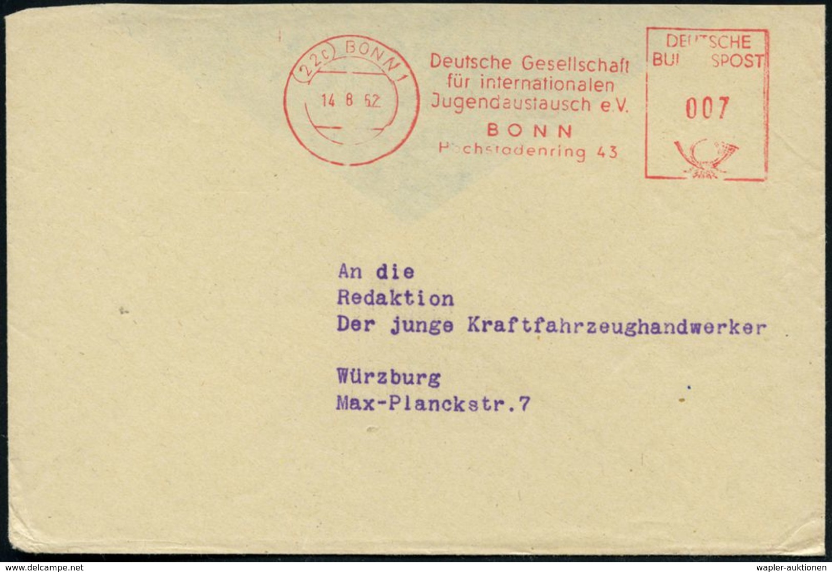 (22c) Bzw. 53 BONN 1/ Deutsche Gesellschaft/ Für Internat./ Jugendaustausch E.V. 1962/63 2 Verschied. AFS , Fern-Bf. (rs - Andere & Zonder Classificatie