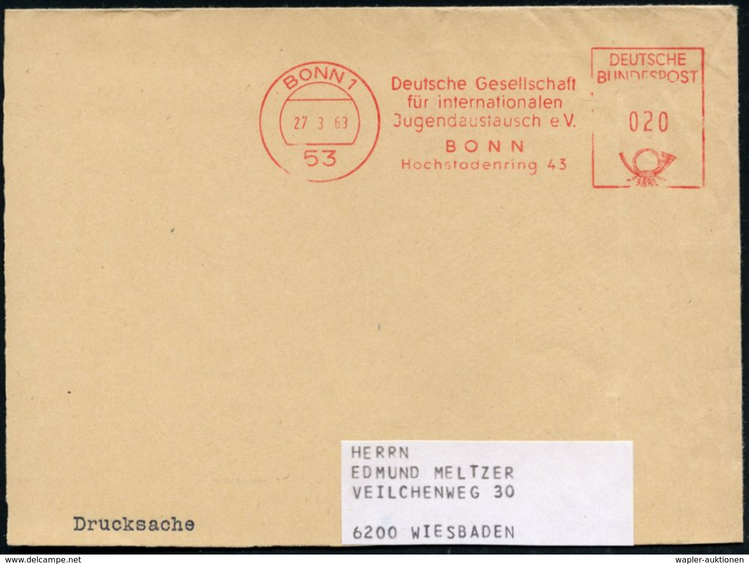 (22c) Bzw. 53 BONN 1/ Deutsche Gesellschaft/ Für Internat./ Jugendaustausch E.V. 1962/63 2 Verschied. AFS , Fern-Bf. (rs - Altri & Non Classificati