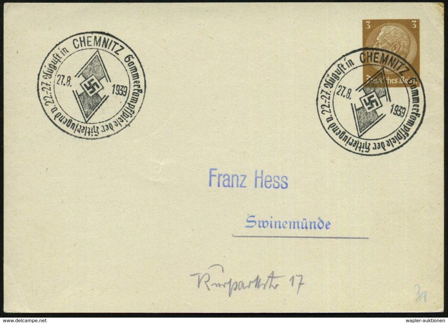 CHEMNITZ/ Sommerkampfspiele Der Hitlerjugend 1939 (27.8.) SSt = HJ-Logo 2x Auf PP 3 Pf. Hindenbg., Braun (Mi.PP 122/A 1  - Andere & Zonder Classificatie