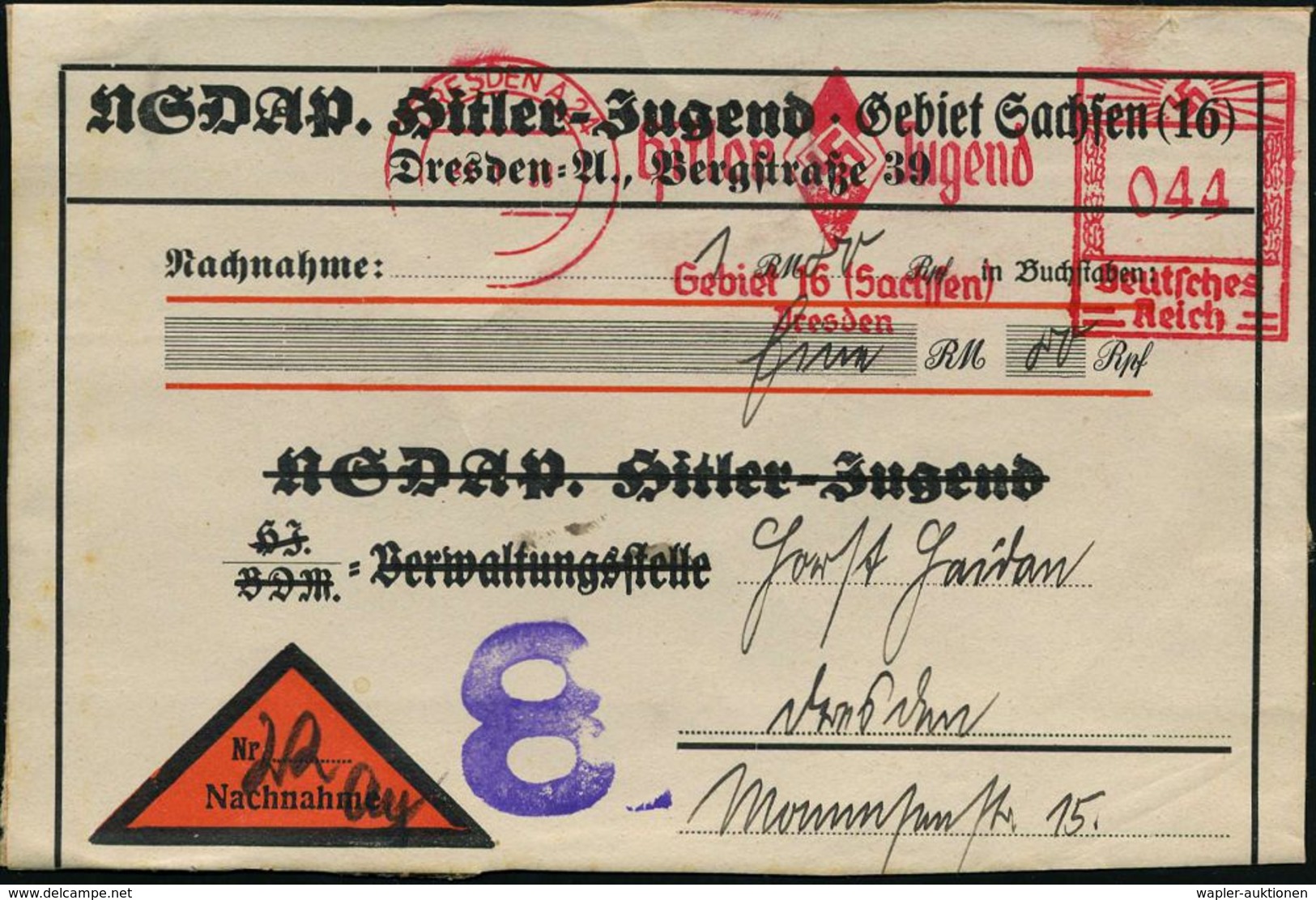 DRESDEN A 24/ Hitler Jugend/ Gebiet 16 (Sachsen).. 1938 (31.8.) AFS 044 Pf. Auf Seltenem NN-Adreß-Aufkleber: NSDAP Hitle - Andere & Zonder Classificatie