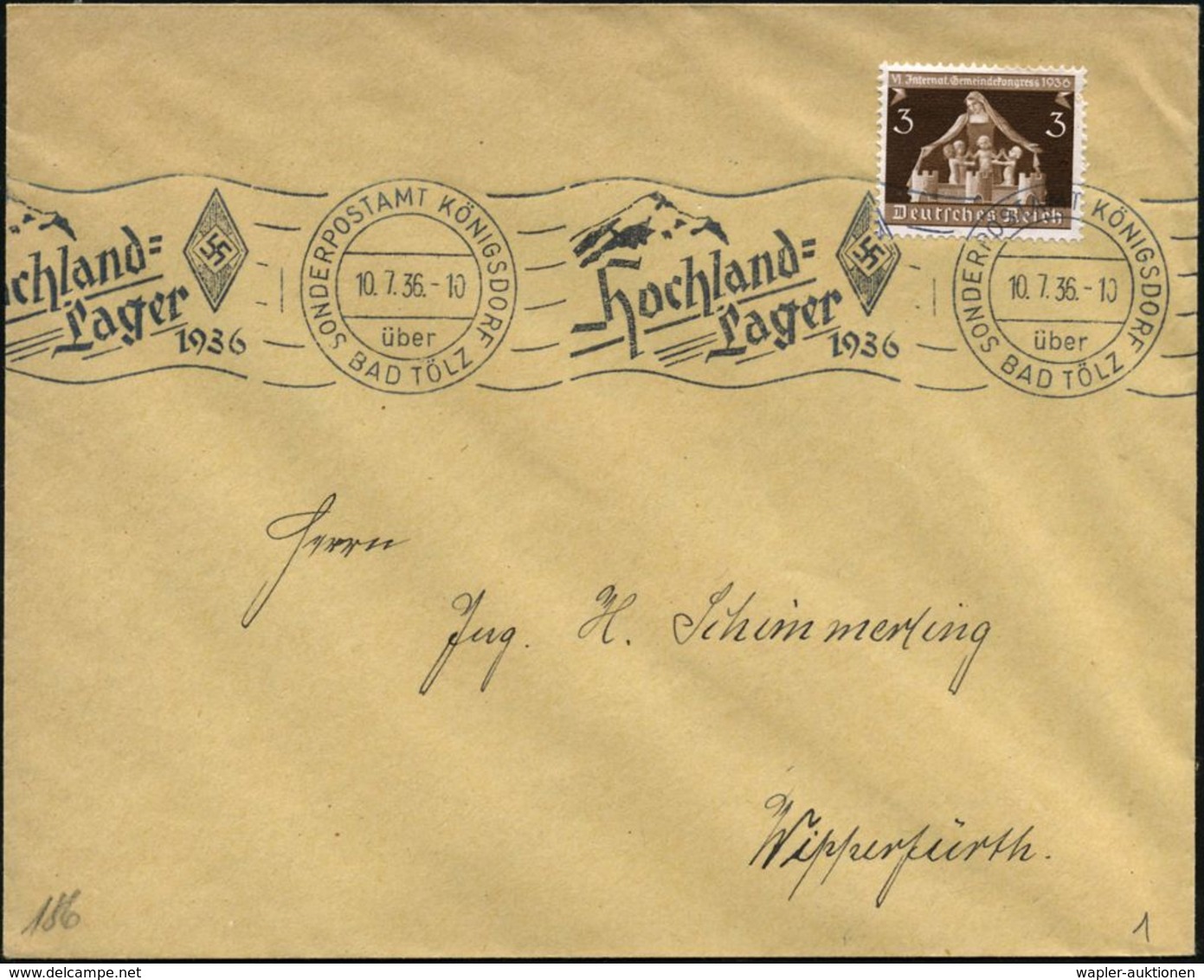 KÖNIGSDORF SONDERPOSTAMT/ über/ BAD TÖLZ/ Hochland-/ Lager/ 1936 1936 (10.7.) Seltener RoWSt = HJ-Logo (vor Alpen-Gipfel - Sonstige & Ohne Zuordnung