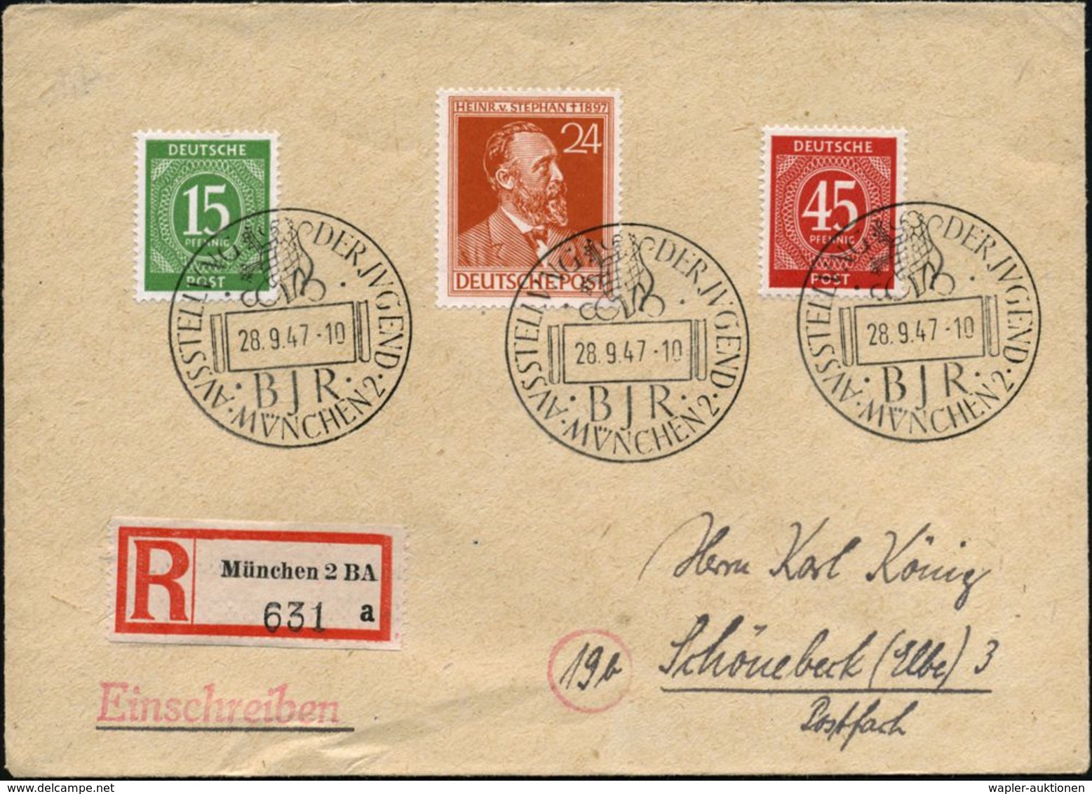 MÜNCHEN/ BJR/ AVSSTELLVNG DER JVGEND 1947 (28.9.) SSt Type II (Wappenlöwe Mit4 Rechtecken) 3x + RZ: München 2 B A/a Klar - Altri & Non Classificati