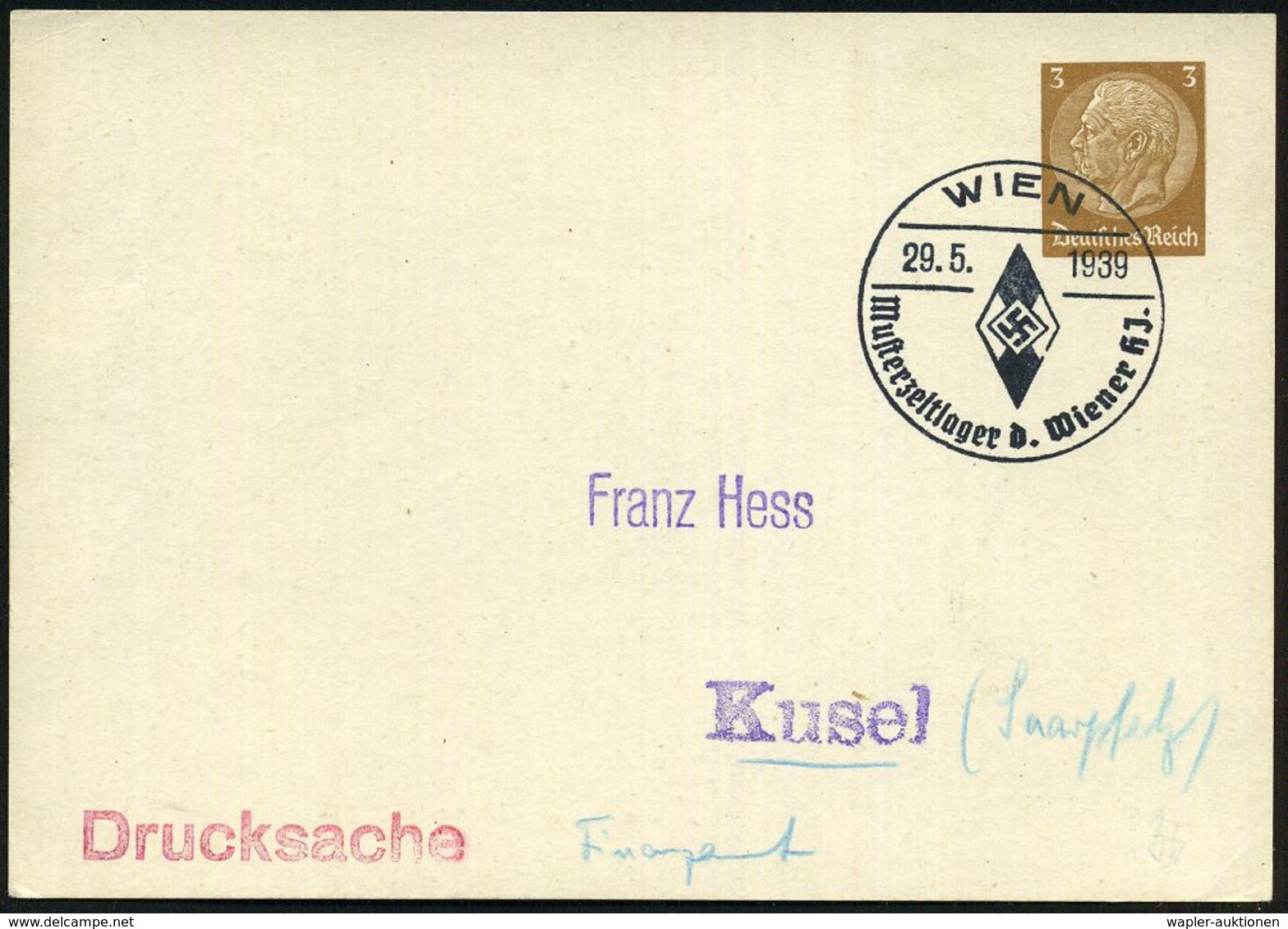 WIEN/ Musterzeltlager Der Wiener HJ 1939 (29.5.) SSt = HJ-Abzeichen Auf PP 3 Pf. Hindenbg. (Mi. 122/A 1, Blanco) Klar Ge - Autres & Non Classés
