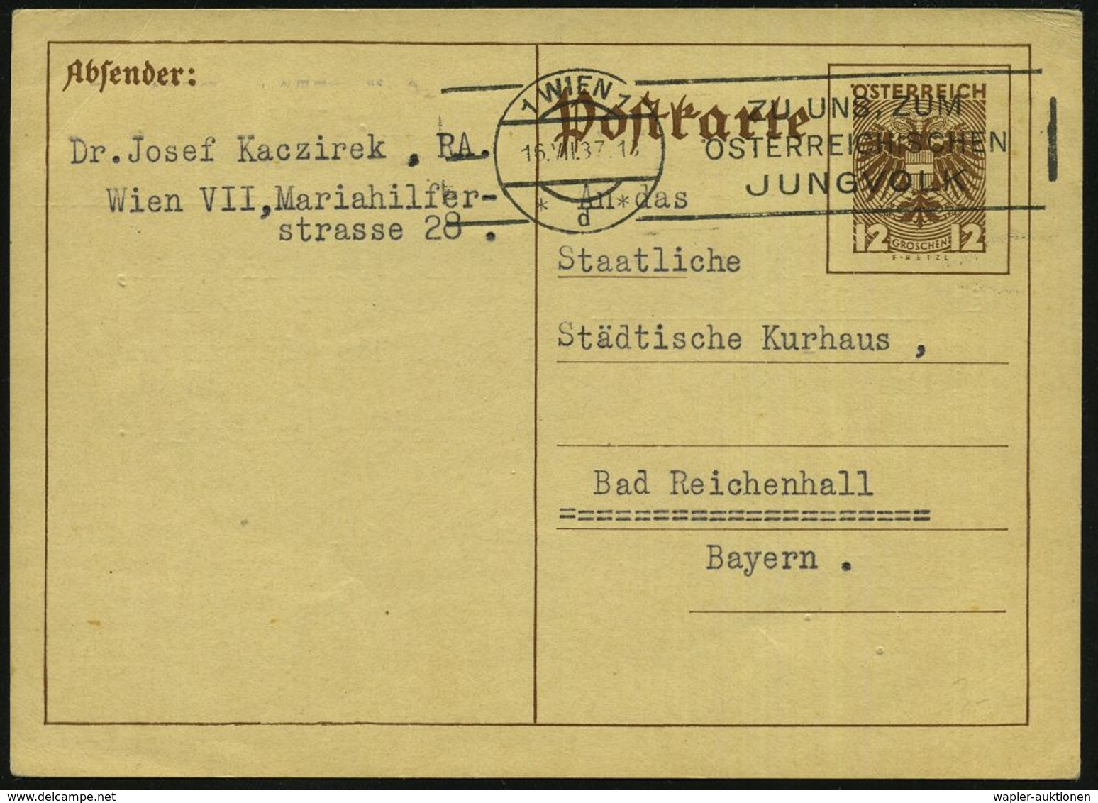 ÖSTERREICH 1937 (16.7.) MWSt: 1 WIEN 1/*d*/ZU UNS, ZUM/ÖSTERREICHISCHEN/JUNGVOLK Klar Auf Ausl.-Kt. - JUGENDORGANISATION - Sonstige & Ohne Zuordnung