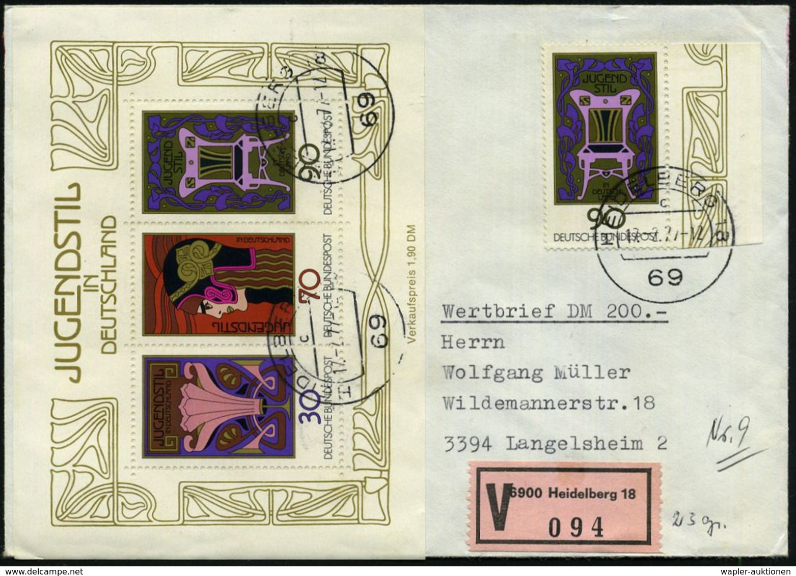 B.R.D. 1977 (17.2.) "Jugendstil In Deutschland", Kompl. Block + 90 Pf. Randstück Einzeln, Satzreine Frankatur, Sauber Ge - Autres & Non Classés