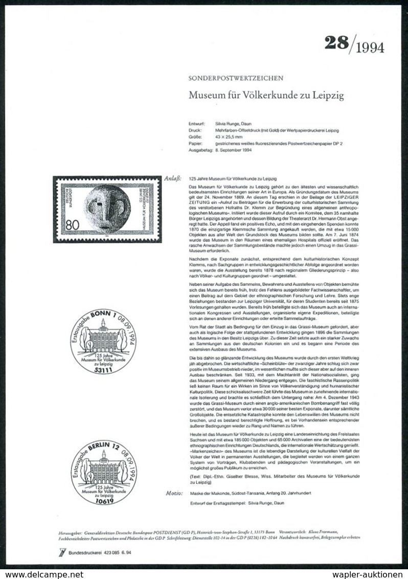 B.R.D. 1994 (Sept.) 80 Pf. "125 Jahre Museum Für Völkerkunde Leipzig" = Makonde-Maske (aus Tanzania) Mit Amtl. Handstemp - Andere & Zonder Classificatie