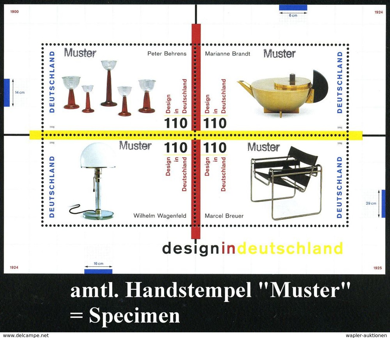 B.R.D. 1998 (Aug.) 110 + 110 + 110 + 110 Pf. Block "Design In Deutschland" Mit 4x Amtl. Handstempel  "M U S T E R"  , Da - Andere & Zonder Classificatie