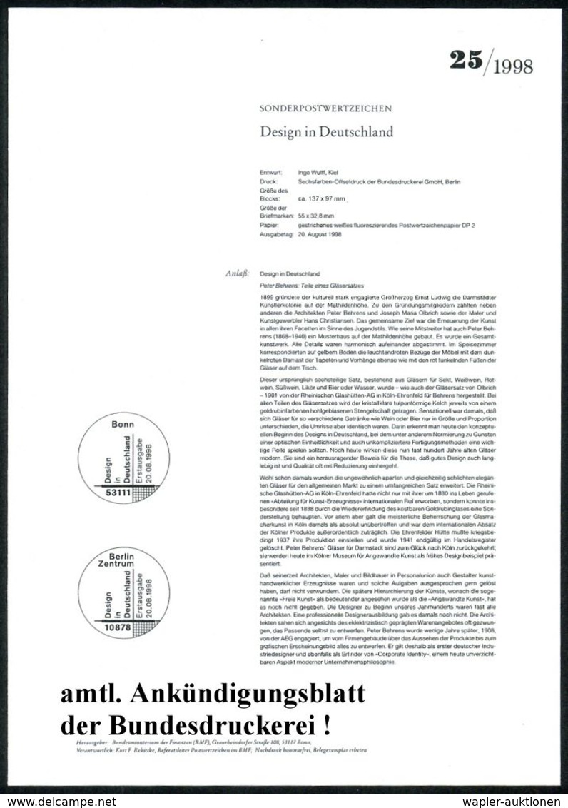 B.R.D. 1998 (Aug.) 110 + 110 + 110 + 110 Pf. Block "Design In Deutschland" Mit 4x Amtl. Handstempel  "M U S T E R"  , Da - Autres & Non Classés