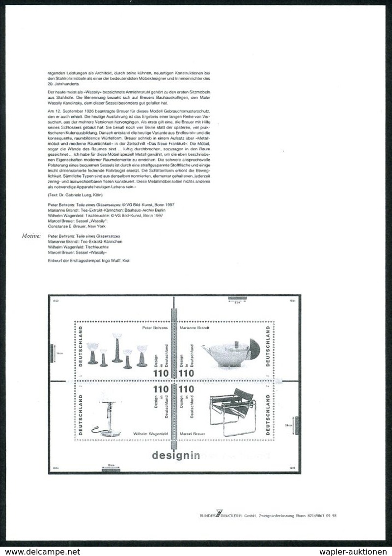 B.R.D. 1998 (Aug.) 110 + 110 + 110 + 110 Pf. Block "Design In Deutschland" Mit 4x Amtl. Handstempel  "M U S T E R"  , Da - Altri & Non Classificati