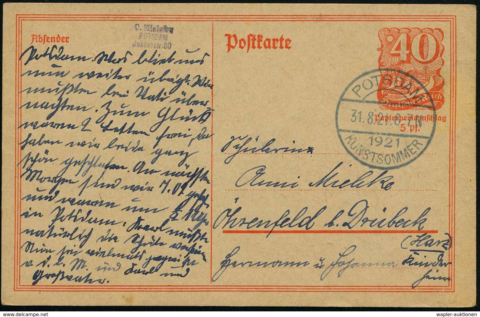 POTSDAM/ KUNSTSOMMER 1921 (31.8.) Seltener SSt Klar Auf Inl.-P 40 Pf. Postreiter, Orange, Ohne Zusatz-Frankatur!, Bedarf - Altri & Non Classificati