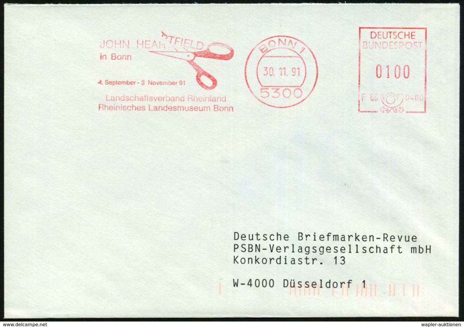 5300 BONN 1/ JOHN HEARTFIELD/ 4.9.-3.11.1991/ ..Landesmuseum Bonn 1991 MWSt  U N D   Motivgl. AFS = Deutscher Collage-Kü - Autres & Non Classés