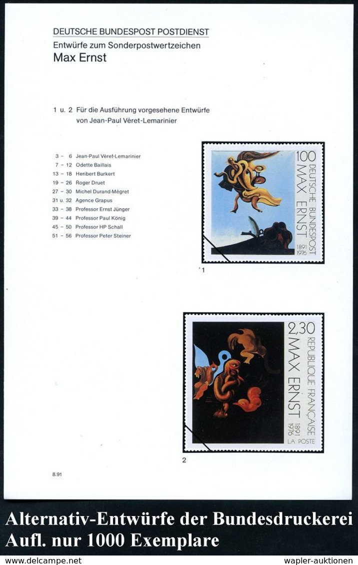 B.R.D./  FRANKREICH 1991 (Aug.) 100 Pf. U. 2,30 F. (Frankreich) "100. Geburtstag Max Ernst", 56 Verschied. Color-Alterna - Autres & Non Classés