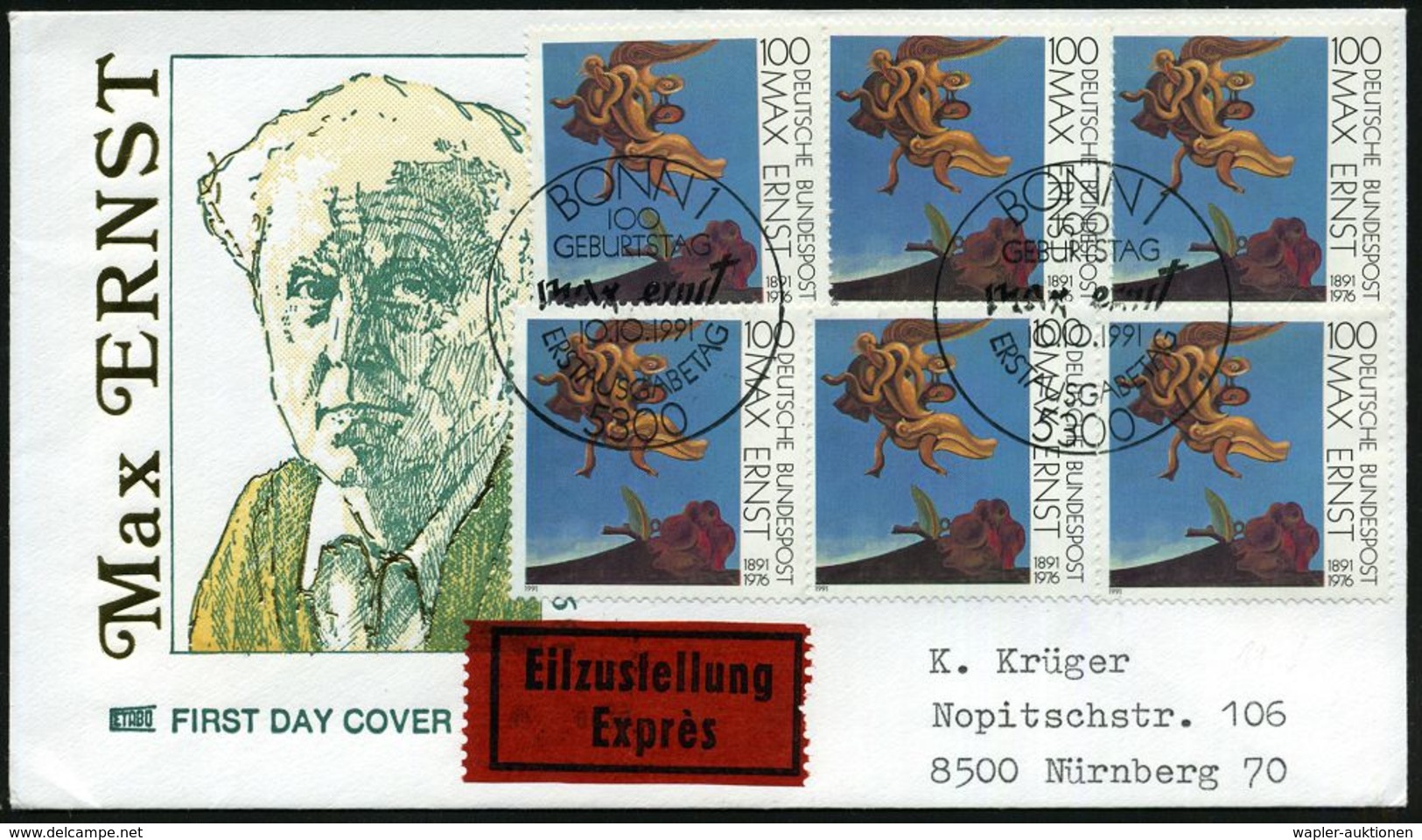 B.R.D. 1991 (10.10.) 100 Pf. "100. Geburtstag Max Ernst", Reine MeF: 6er-Block = 600 Pf. + ET-SSt (Bonn 1), Inl.-Eil-FDC - Andere & Zonder Classificatie