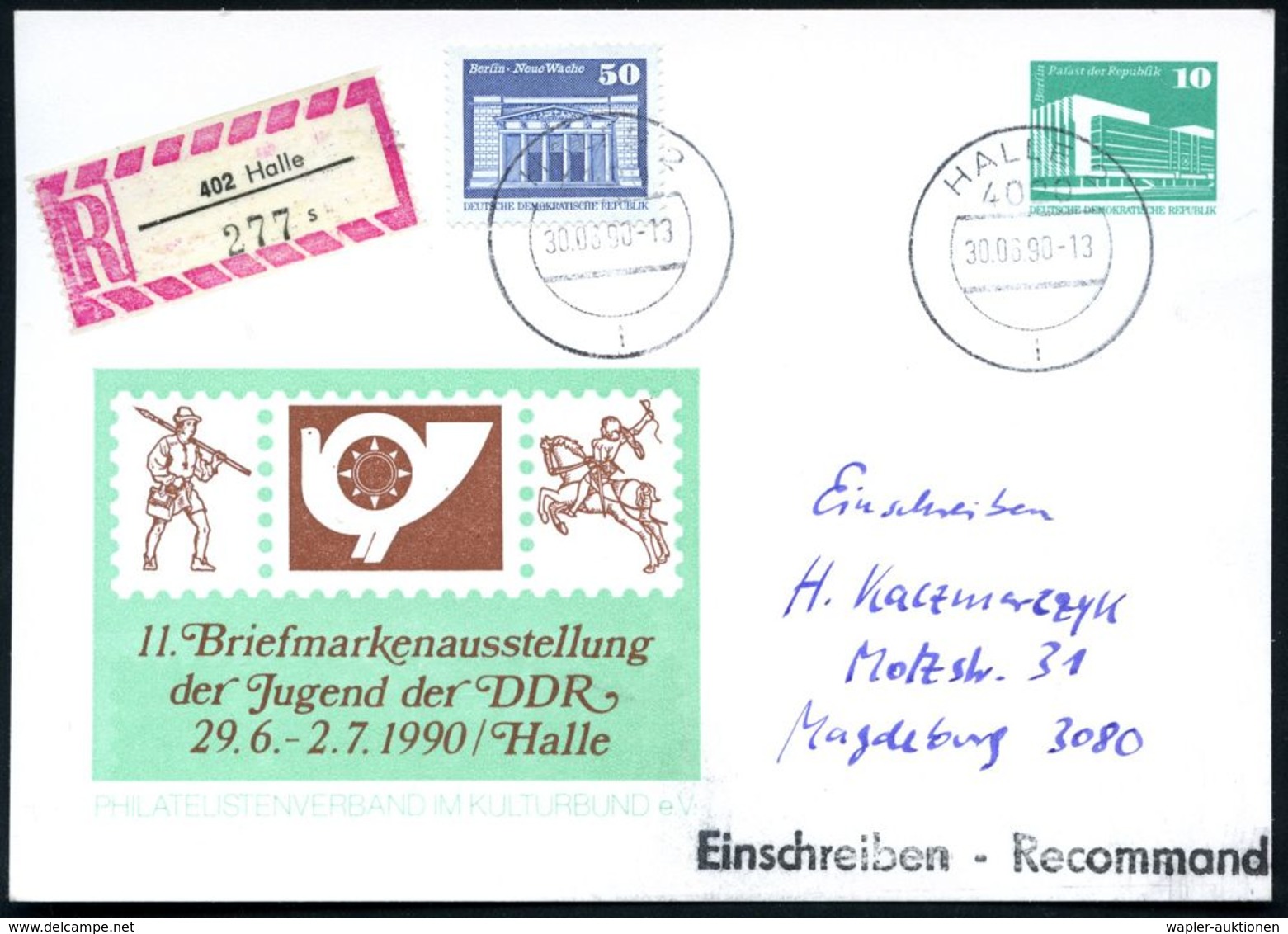 4020 HALLE 2/ F 1990 (30.6.) 1K Auf PP 10 Pf. PdR., Grün: 11. Briefmarkenausstellun Der Jugend Halle = Dürers Postreiter - Sonstige & Ohne Zuordnung