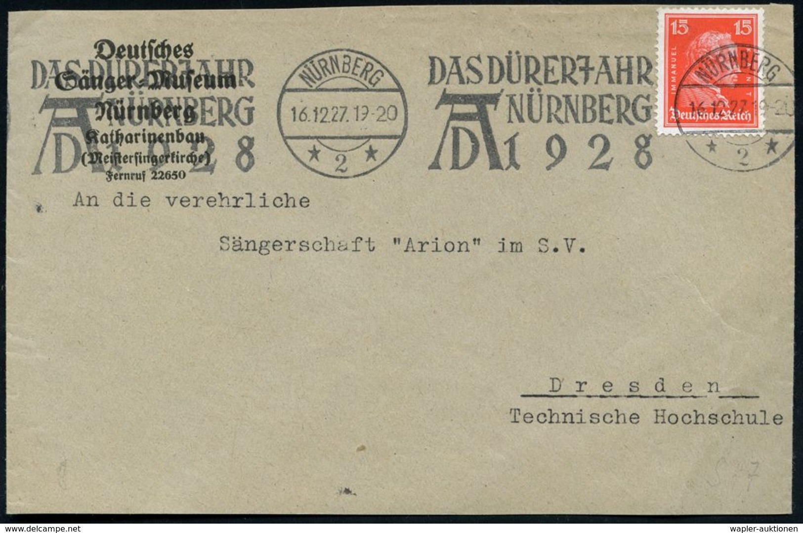 NÜRNBERG/ *2*/ DAS DÜRERJAHR/ NÜRNBG./ AD.. 1928 (16.12.) B A N D - MWSt (Monogr.) Glasklar Gest. (unten Etw. Verkürzter - Autres & Non Classés