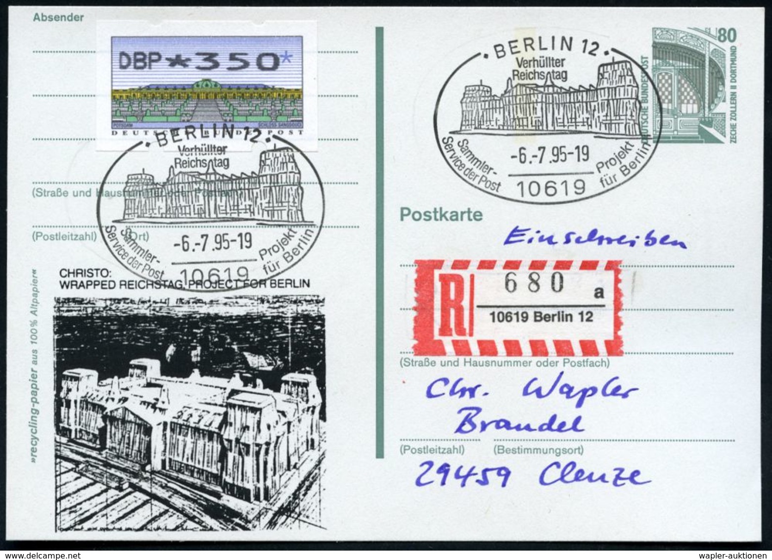10619 BERLIN 12/ Verhüllter/ Reichstag 1995 (6.7.) SSt Auf Inl.-P 80 Pf. Burgen + Zudruck: Verhüllter Reichstag Von Chri - Autres & Non Classés