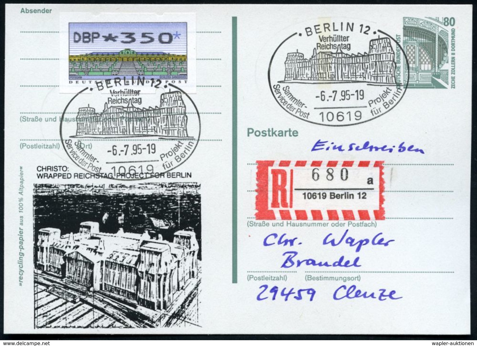 10619 BERLIN 12/ Verhüllter/ Reichstag 1995 (6.7.) SSt Auf Inl.-P 80 Pf. Burgen + Zudruck: Verhüllter Reichstag Von Chri - Altri & Non Classificati