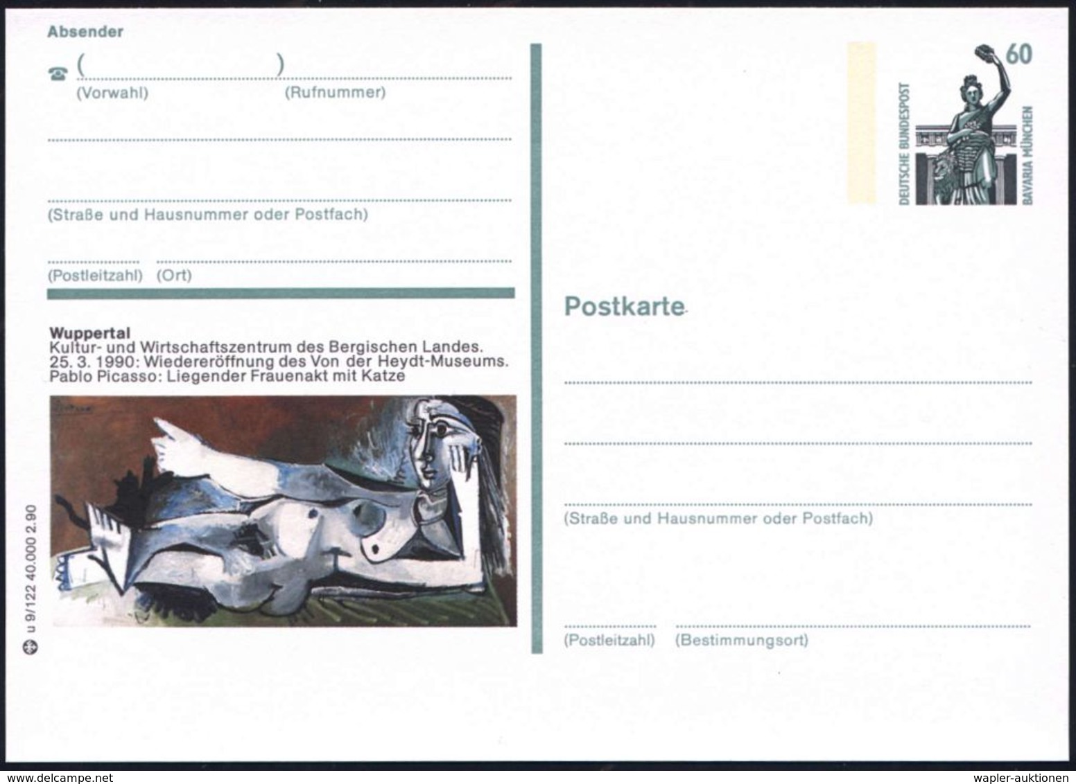 Wuppertal 1990 60 Pf. BiP Bavaria: Pablo Picasso "Frauenakt Mit Katze" (Von Der Heydt-Museum) Ungebr. (Mi.P 152) - AUSLÄ - Andere & Zonder Classificatie