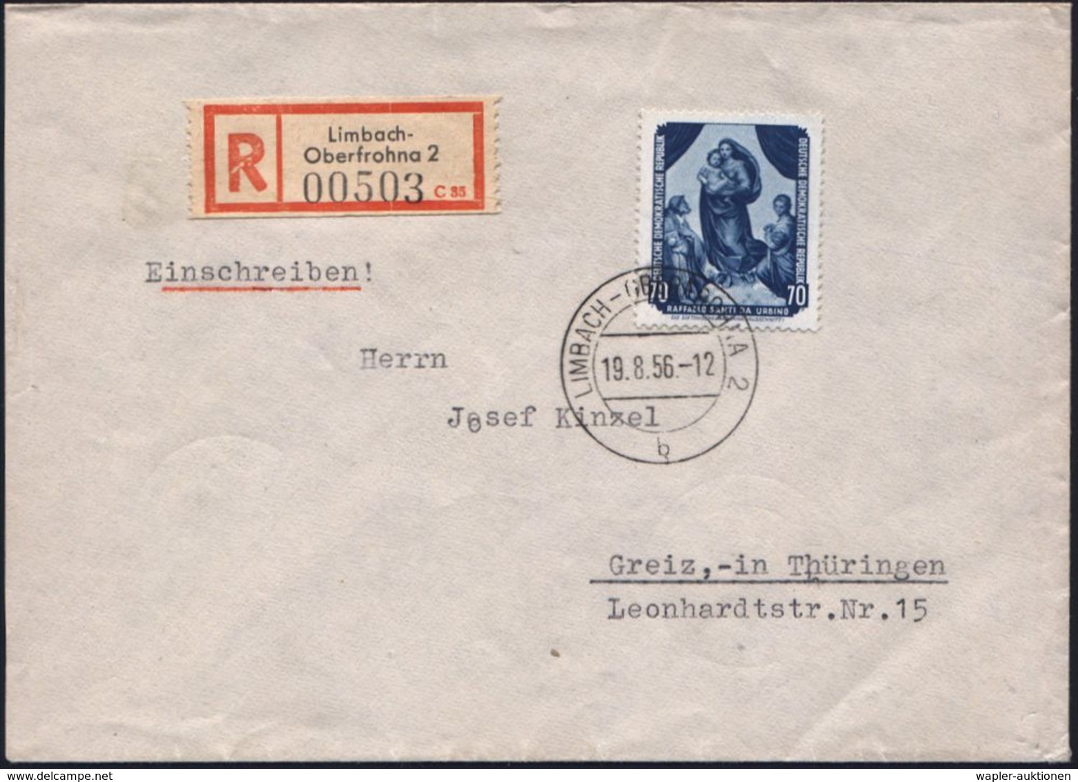 D.D.R. 1956 (19.8.) 70 Pf. "Sixtinische Madonna" Von Raffael, EF , Glasklar Gest. + RZ: Limbach-/Oberfrohna 2, Inl.-R-Bf - Sonstige & Ohne Zuordnung