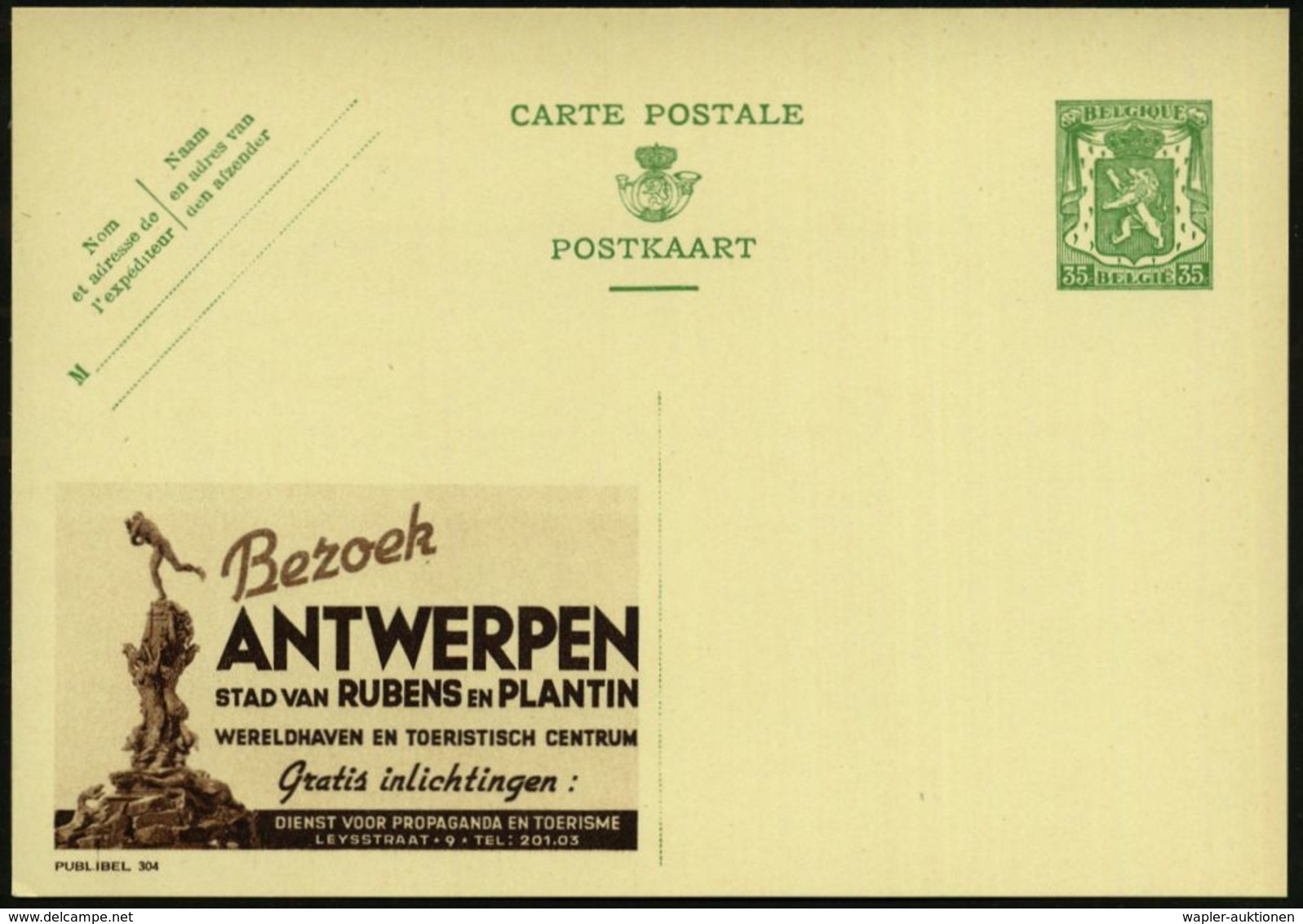 BELGIEN 1935 35 C. Reklame-P Grün: ANTWERPEN/ STAD VAN RUBENS EN PLANTIN.. (Skulptur) P. P. Rubens, Fläm. Maler, Plantin - Sonstige & Ohne Zuordnung