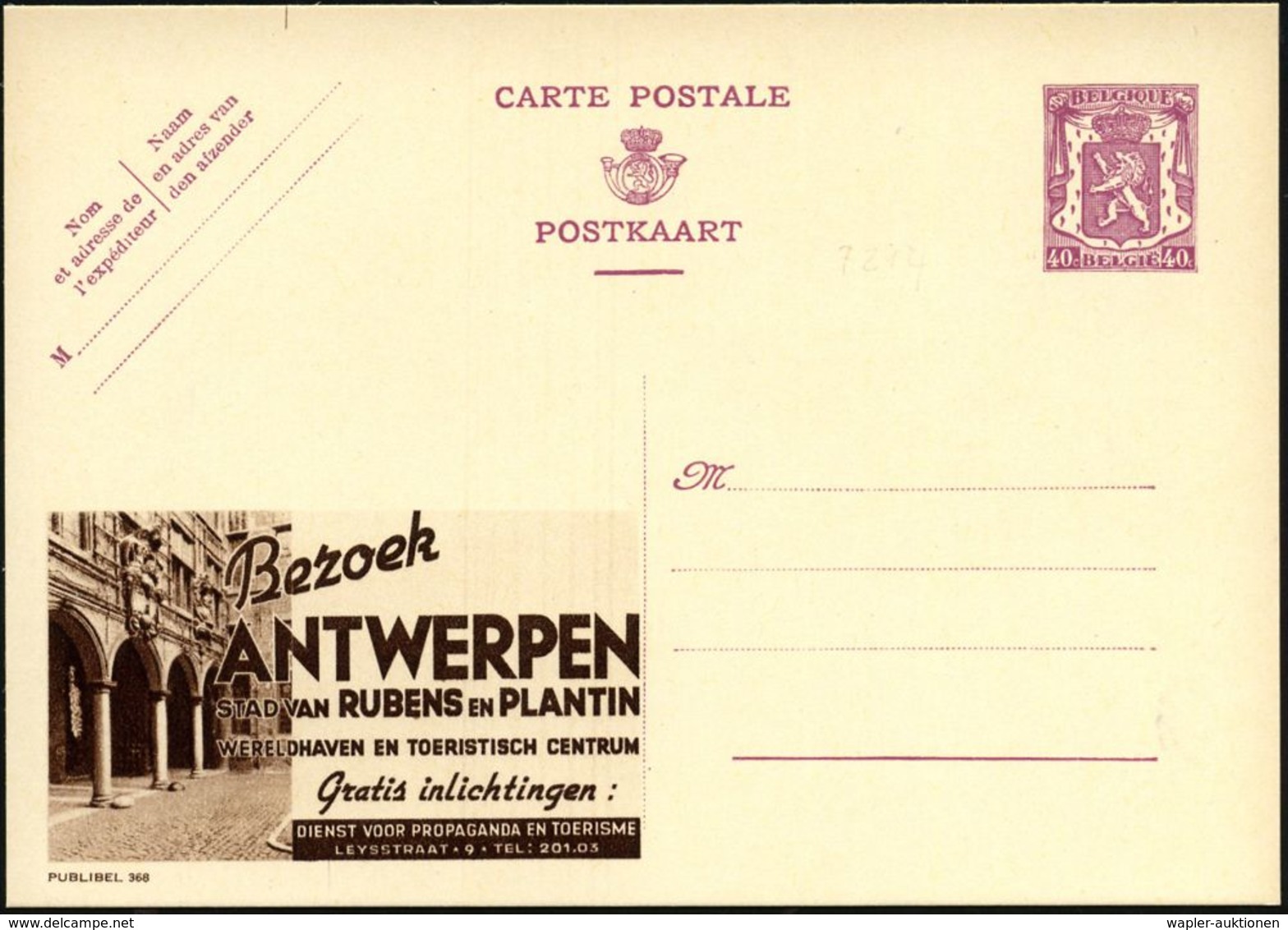 BELGIEN 1938 40 C. Reklame-P., Lila: ANTWERPEN/STAD VAN  R U B E N S  EN PLANTIN.. (Arkadenhaus) Ungebr, (Mi.P 202 I / 3 - Sonstige & Ohne Zuordnung